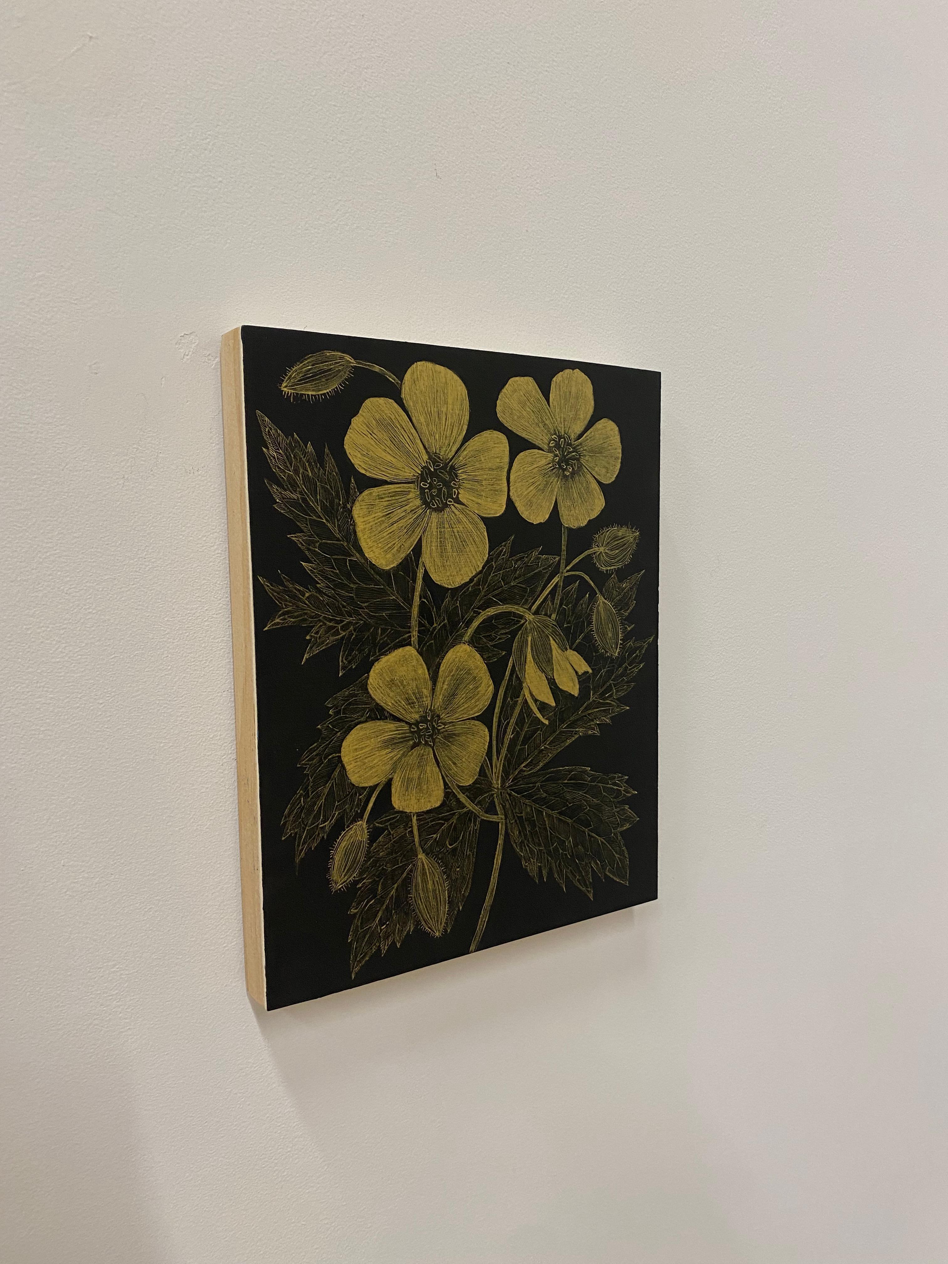 Wild Geranium Two, Botanical Painting Black Panel, Gold Flowers, Leaves, Stem For Sale 6