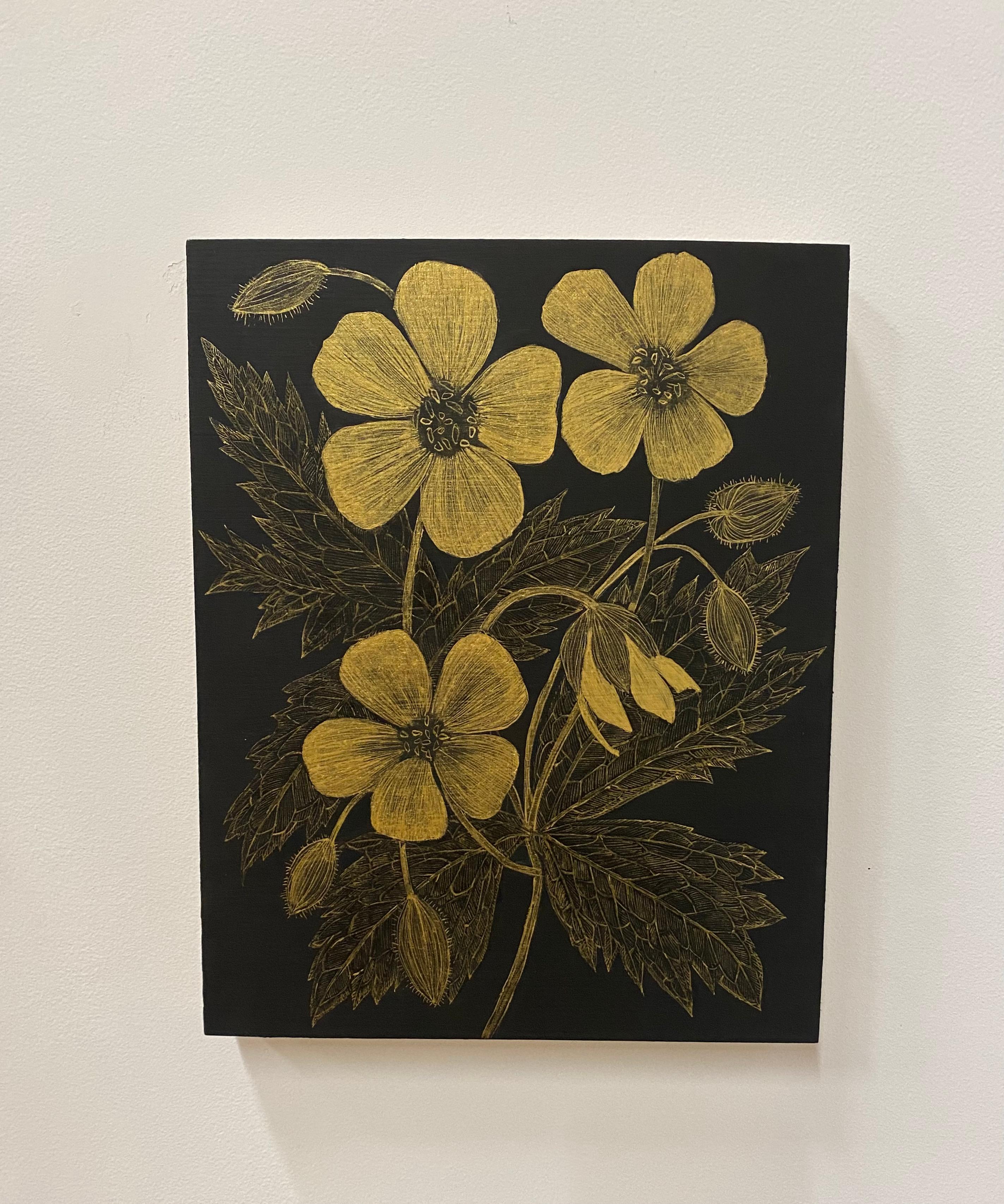 Wild Geranium Two, Botanical Painting Black Panel, Gold Flowers, Leaves, Stem For Sale 1