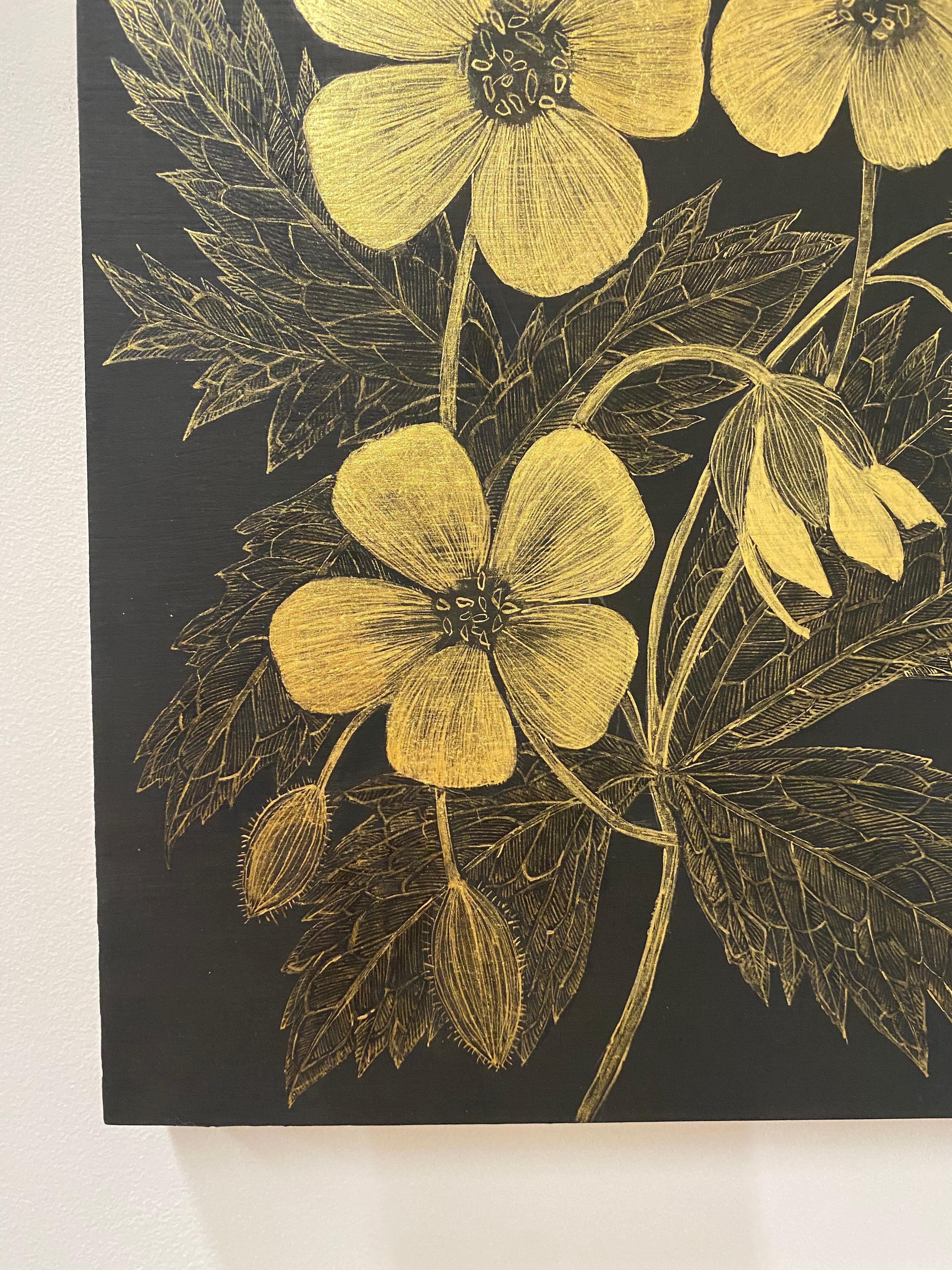 Wild Geranium Two, Botanical Painting Black Panel, Gold Flowers, Leaves, Stem For Sale 3