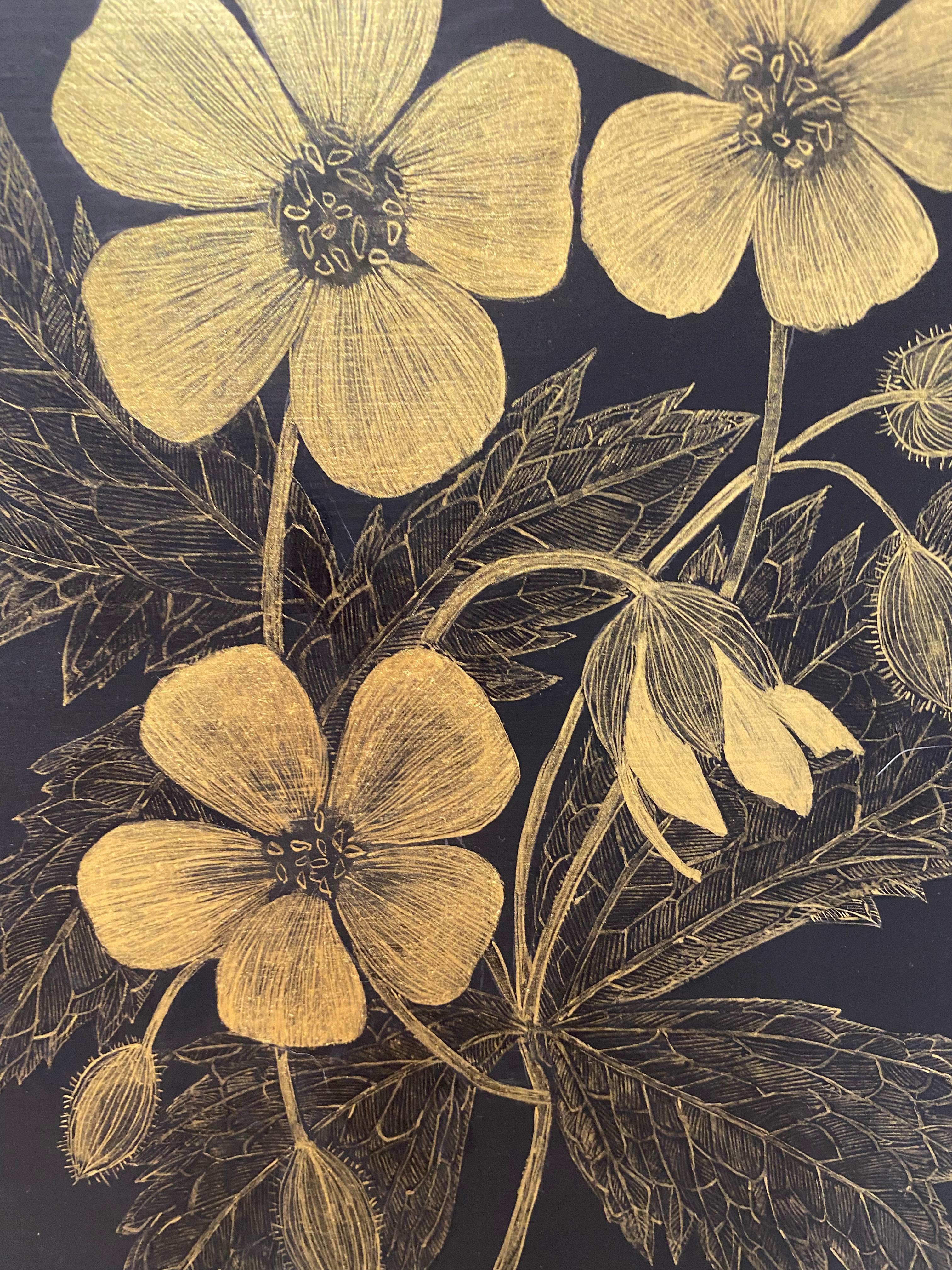Wild Geranium Two, Botanical Painting Black Panel, Gold Flowers, Leaves, Stem For Sale 4