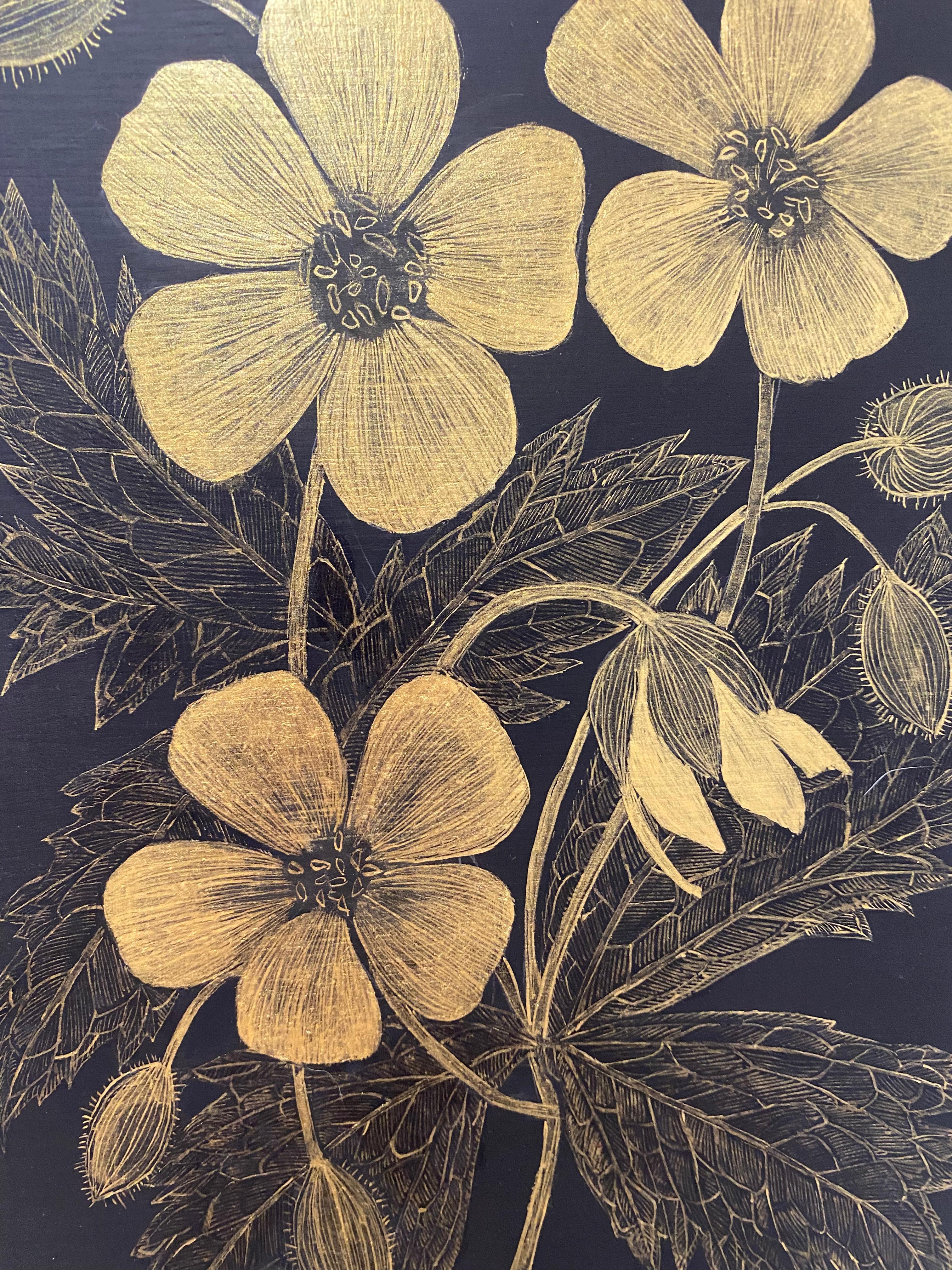 Wild Geranium Two, Botanical Painting Black Panel, Gold Flowers, Leaves, Stem For Sale 2