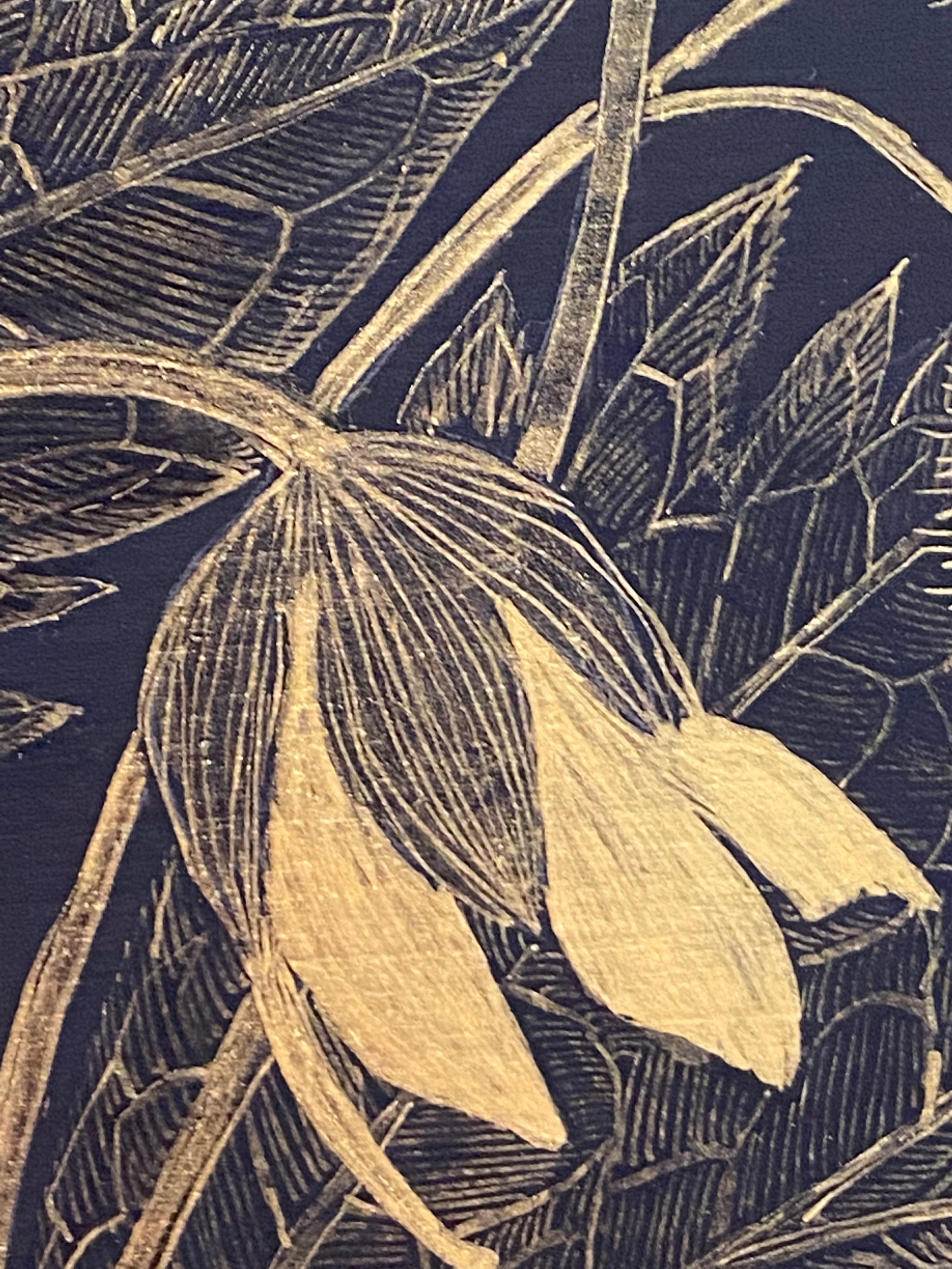 Geranium sauvage deux, peinture botanique panneau noir, fleurs dorées, feuilles, Stem en vente 4