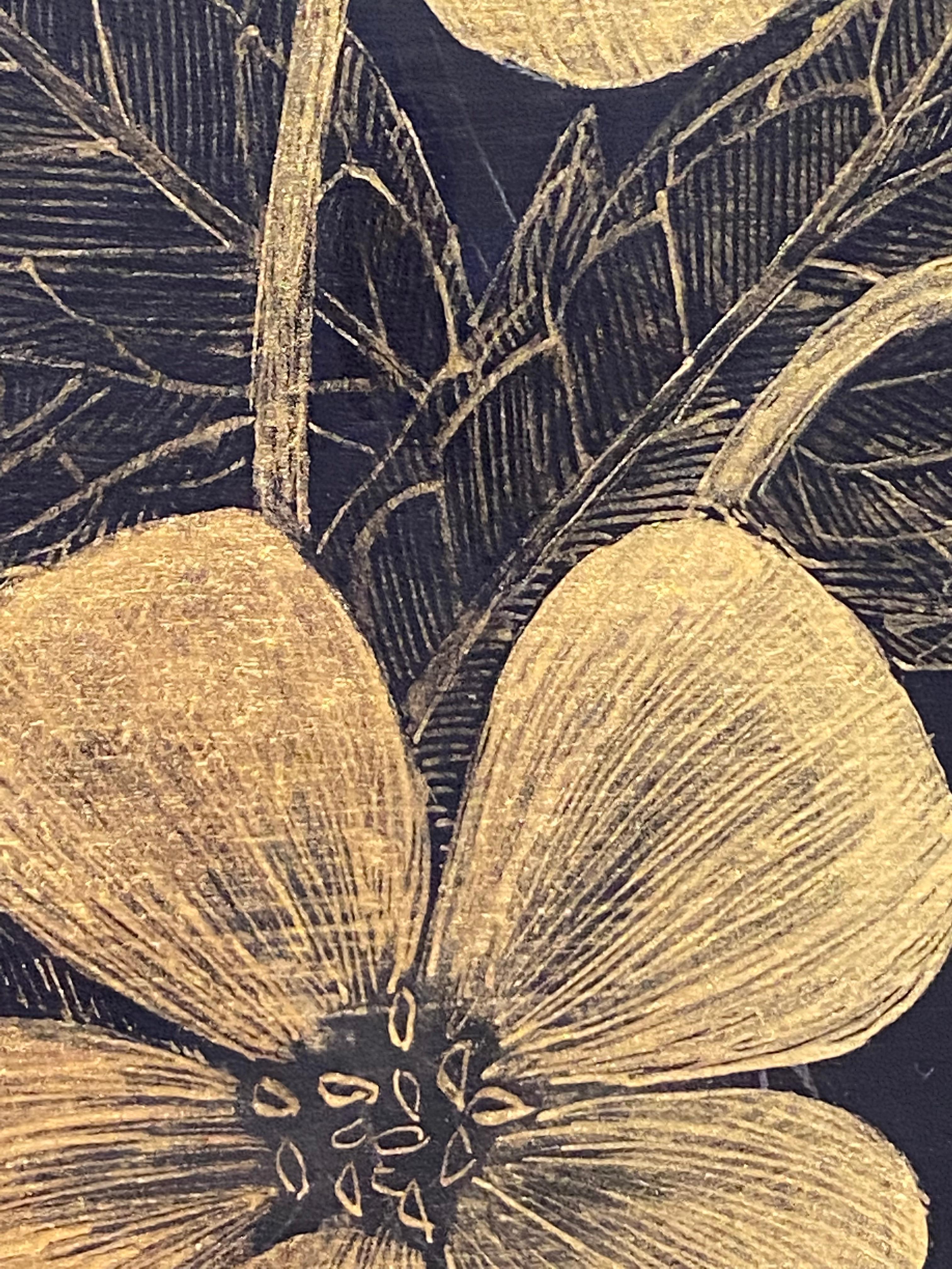 Geranium sauvage deux, peinture botanique panneau noir, fleurs dorées, feuilles, Stem en vente 5