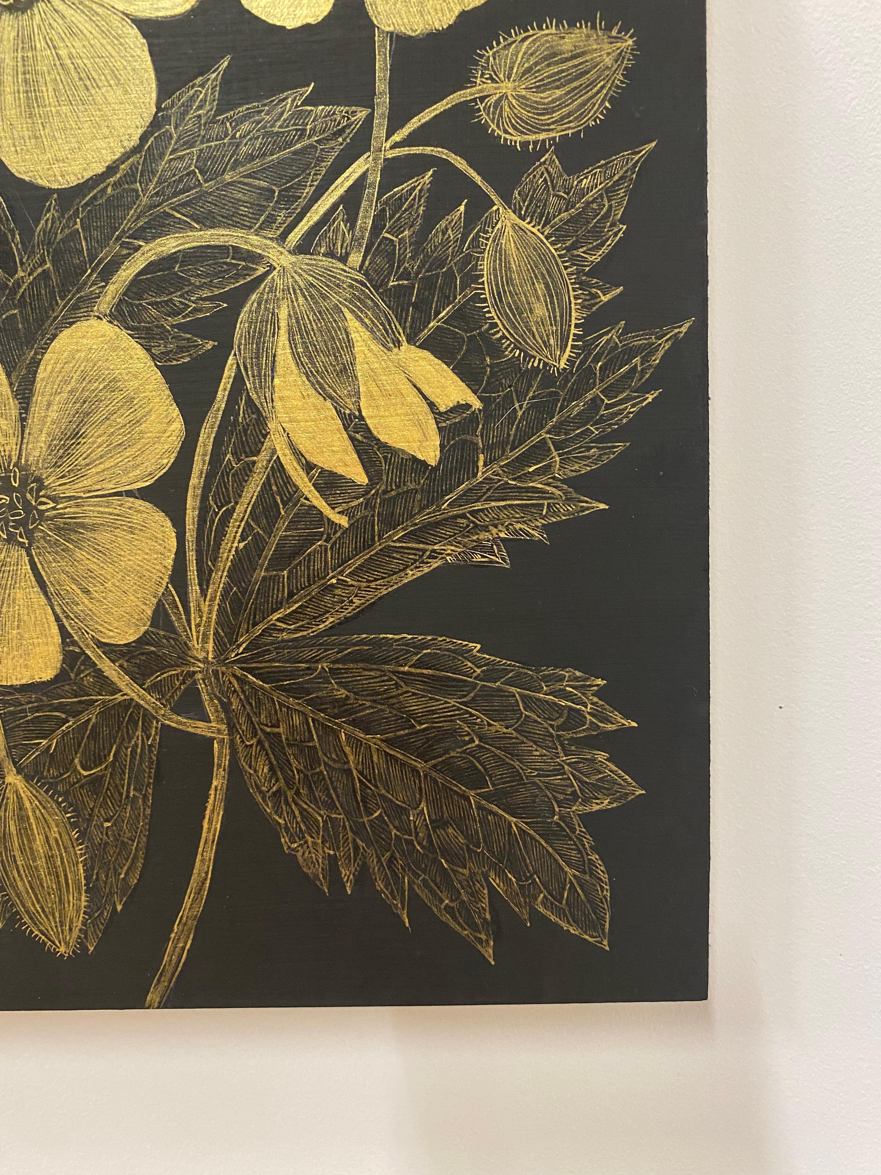Wild Geranium Two, Botanical Painting Black Panel, Gold Flowers, Leaves, Stem For Sale 5