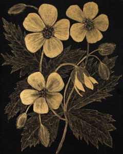 Wild Geranium Two, Botanical Painting Black Panel, Gold Flowers, Leaves, Stem