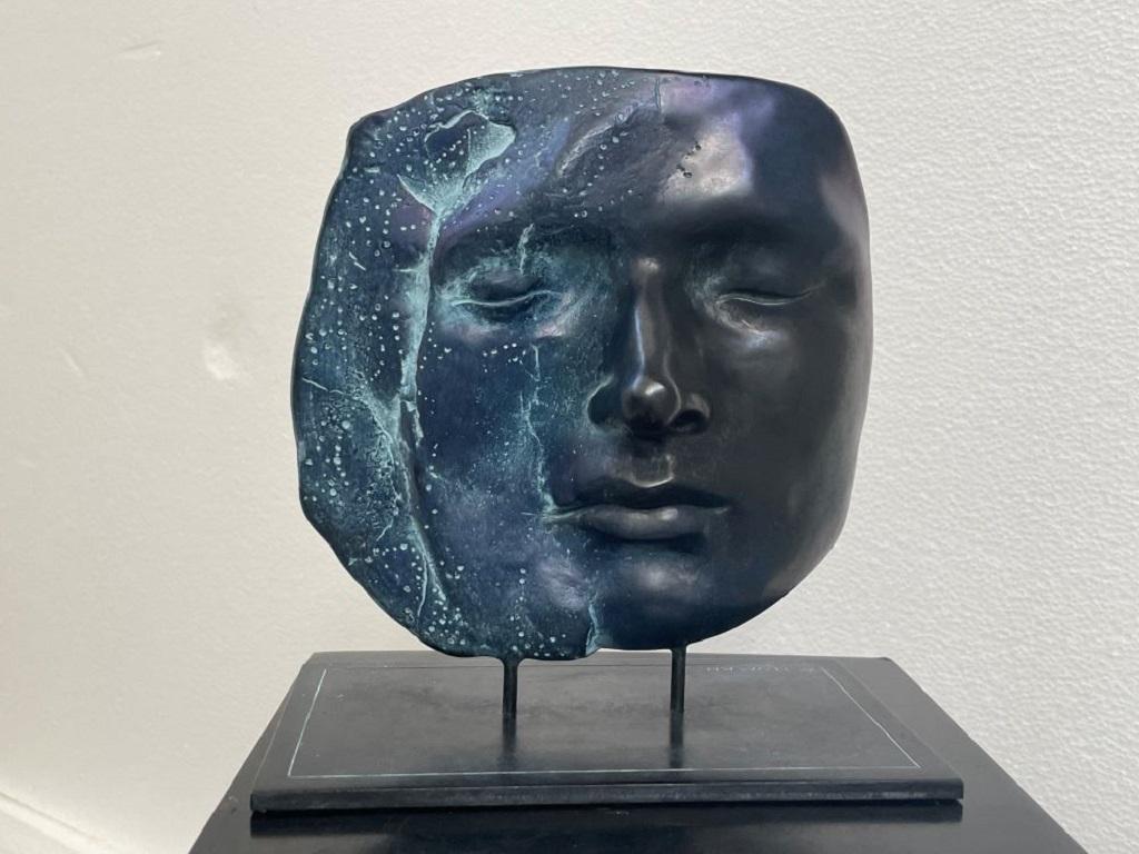 Both Sides of the Moon Bronze Sculpture Two Faces Portrait Blue In Stock  For Sale 1