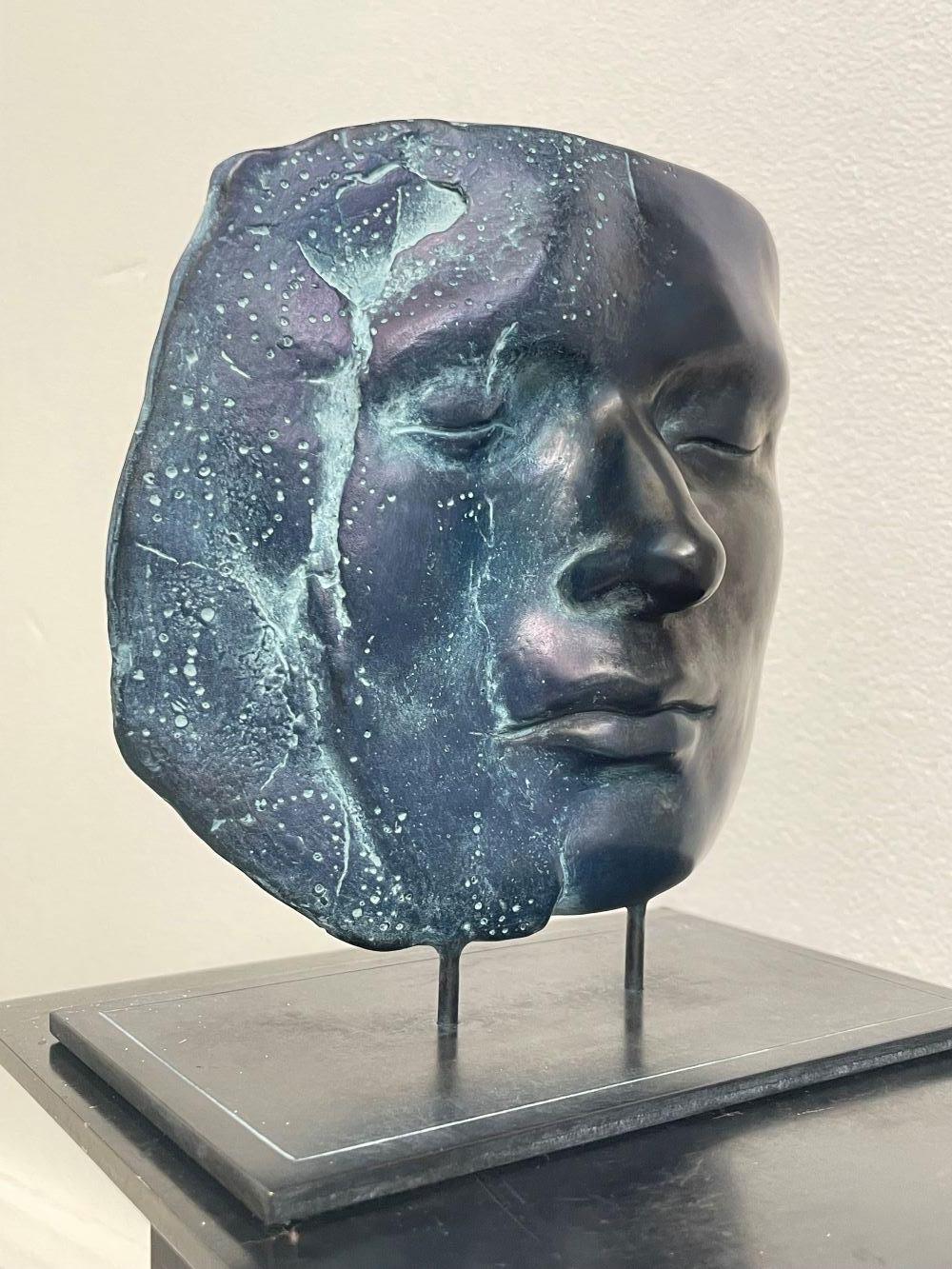 Margot Homan Figurative Sculpture - Both Sides of the Moon Bronze Sculpture Two Faces Portrait Blue In Stock 