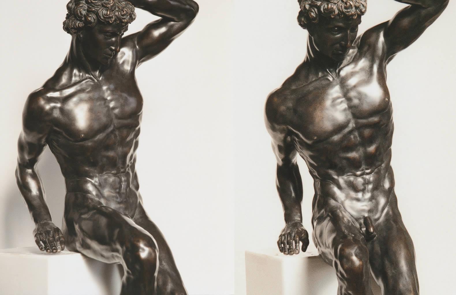 Et in Arcadia, sculpture en bronze d'une figure masculine nue mythologie classique contemporaine - Contemporain Sculpture par Margot Homan