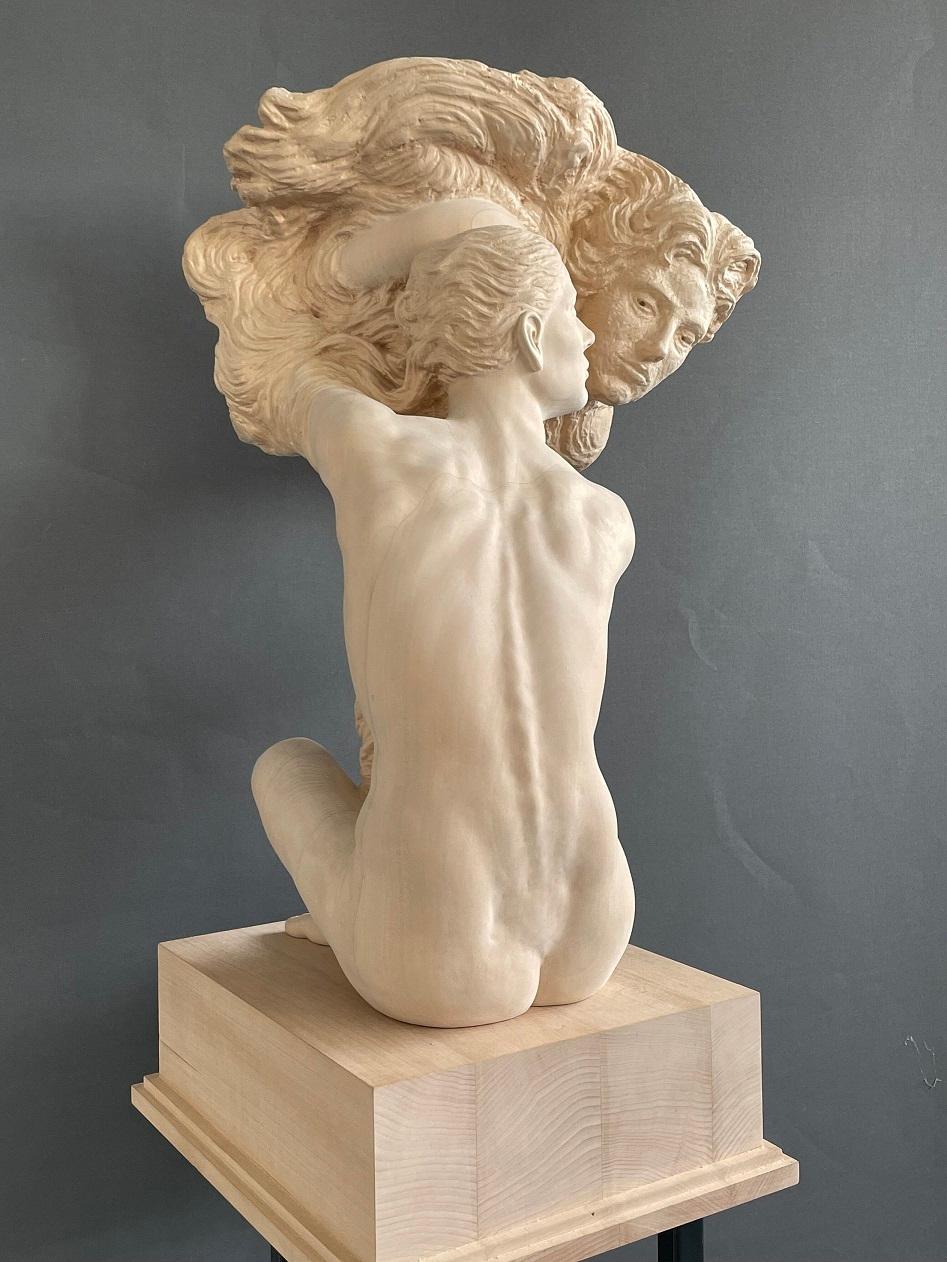 Margot Homan Figurative Sculpture - Sonate Wooden Sculpture Basswood Classical Mythology Music In Stock