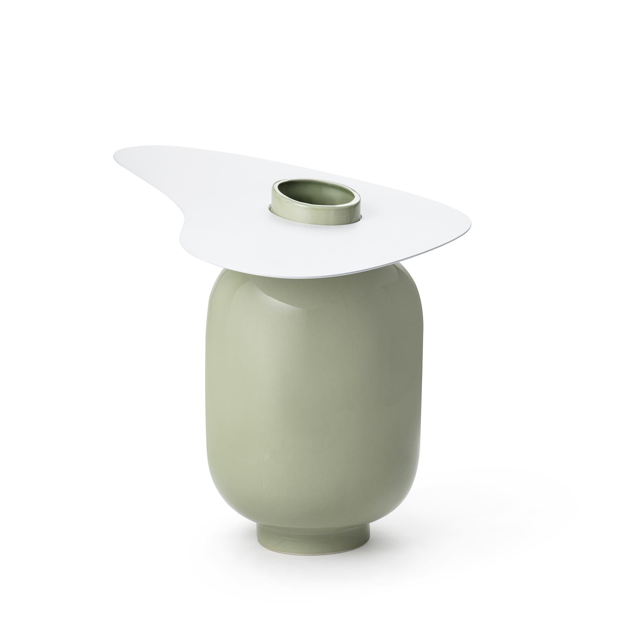 Margot L N°3 vase by Thomas Dariel 
Dimensions: D 48 x W 43.4 x H 40.5 cm 
Materials: Upper part: stainless steel with veneer and color painting in white, yellow or natural Lower part: ceramic with glossy glazing.
Also available in colors:
