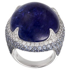 Margot McKinney 18 Karat Gold 60.47ct Tanzanite Ring, Diamonds, Blue Sapphires