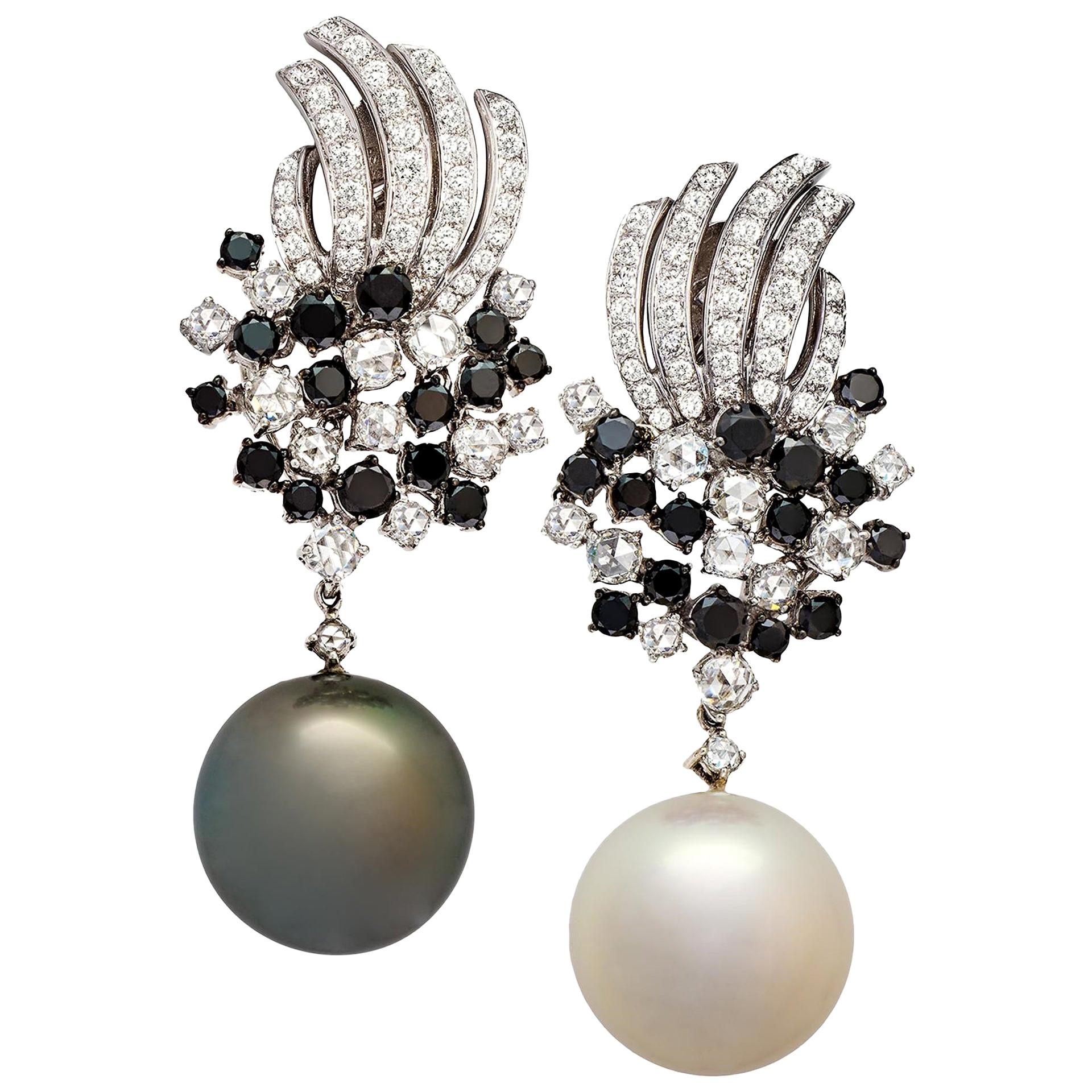Margot McKinney 18 Karat Gold Earrings with White/Black Diamonds, Pearl Drops