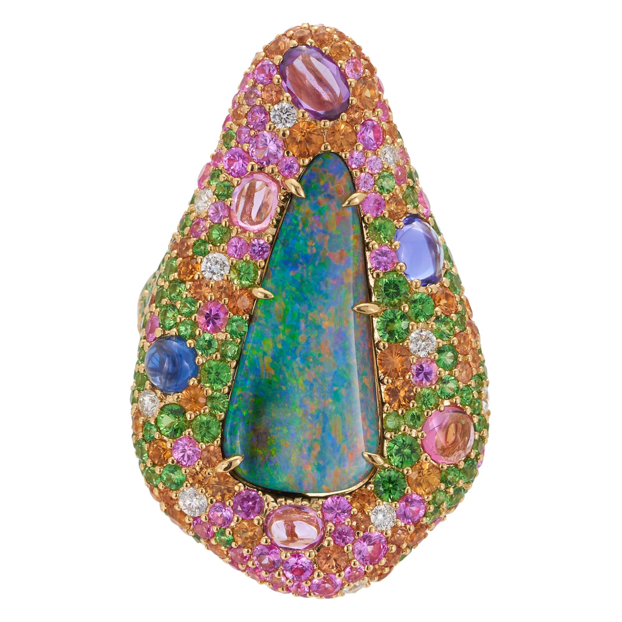 Margot McKinney 18 Karat Yellow Gold Ring with Opal, Tsavorite and Pink Sapphire