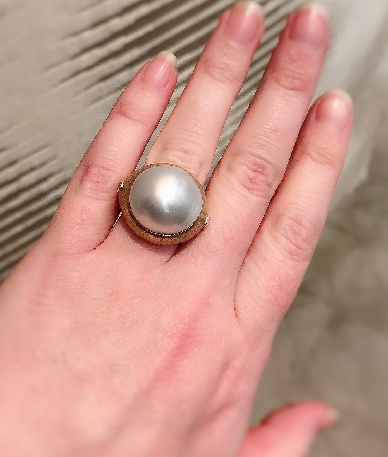 Margot McKinney 18K Brushed Finish Gold Ring with South Sea Pearl and Diamonds 1