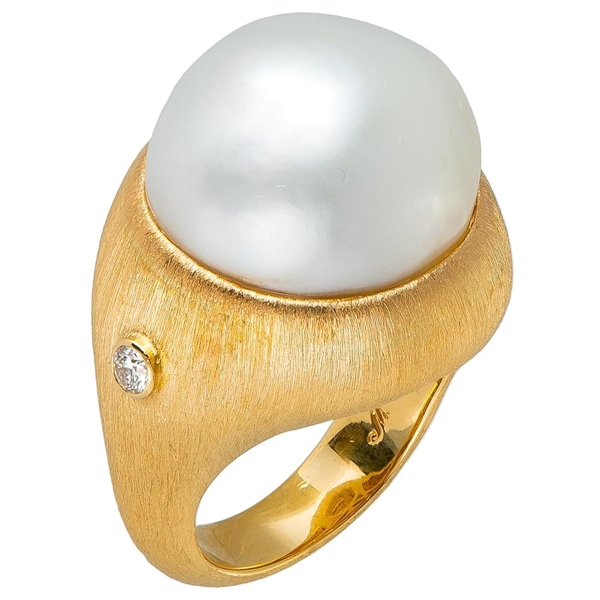 Margot McKinney 18K Brushed Finish Gold Ring with South Sea Pearl and Diamonds