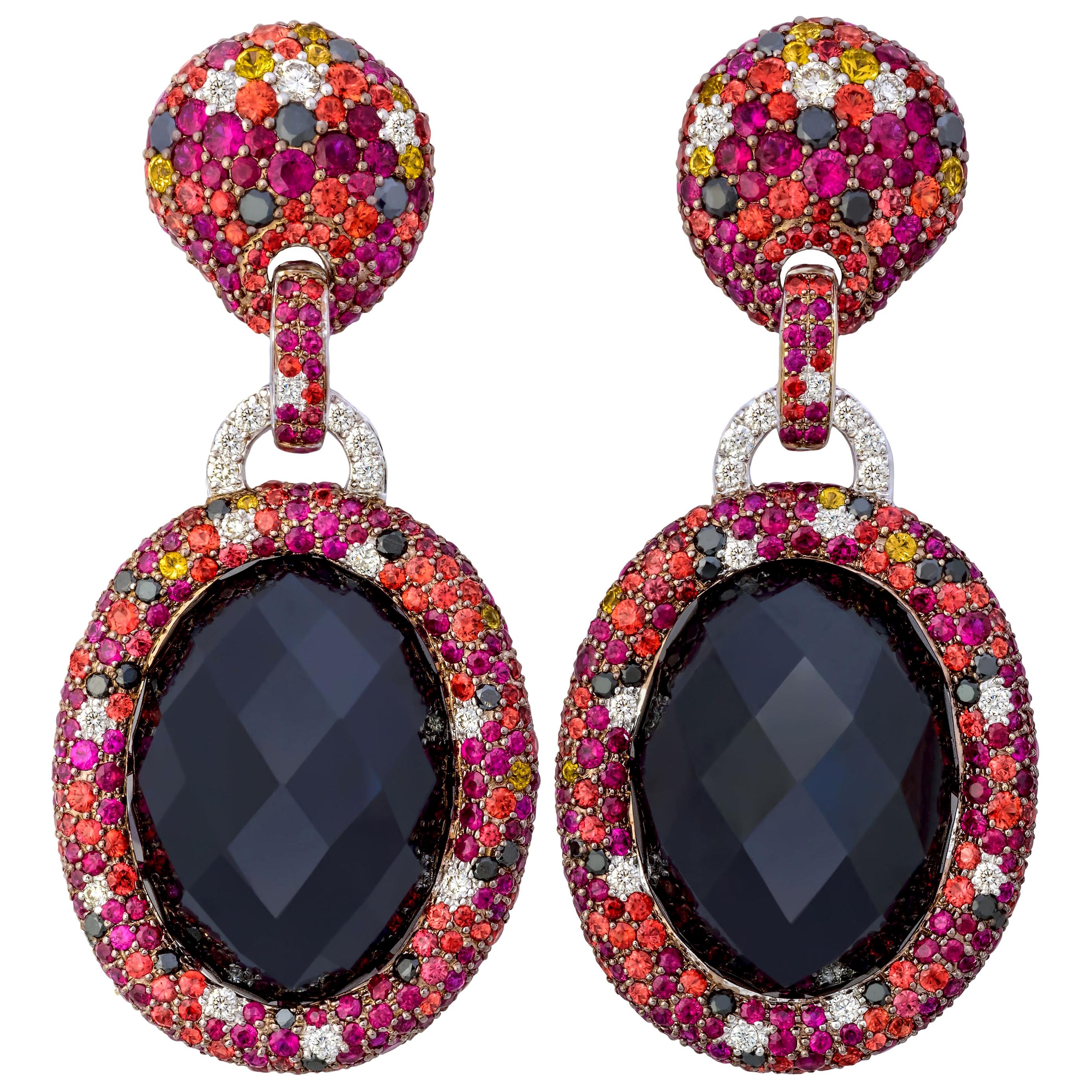 Margot McKinney 18K Gold 101.51ct Onyx Earrings with Diamonds, Rubies, Sapphires