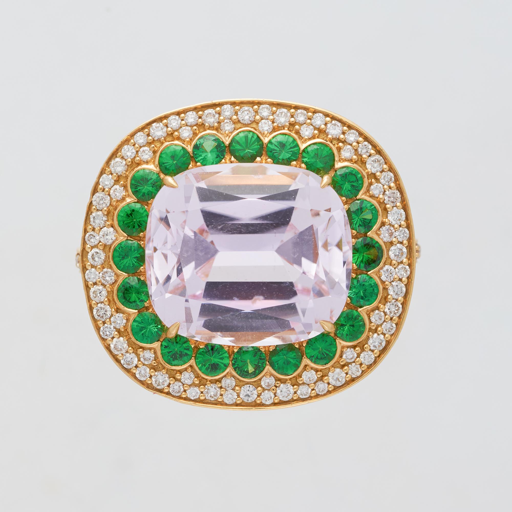 Margot McKinney 18K Gold Ring 1 Pink 23.43Ct Kunzite, Tsavorites, White Diamonds In New Condition For Sale In Brisbane AU , Queensland