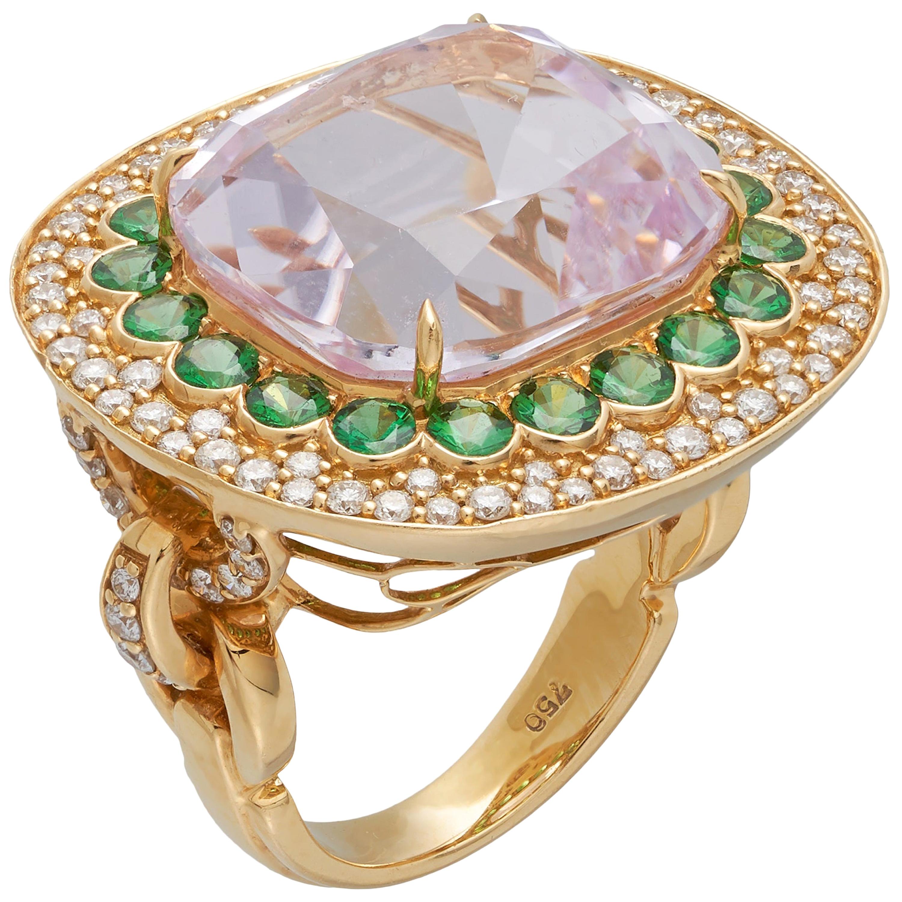 Margot McKinney 18K Gold Ring 1 Pink 23.43Ct Kunzite, Tsavorites, White Diamonds