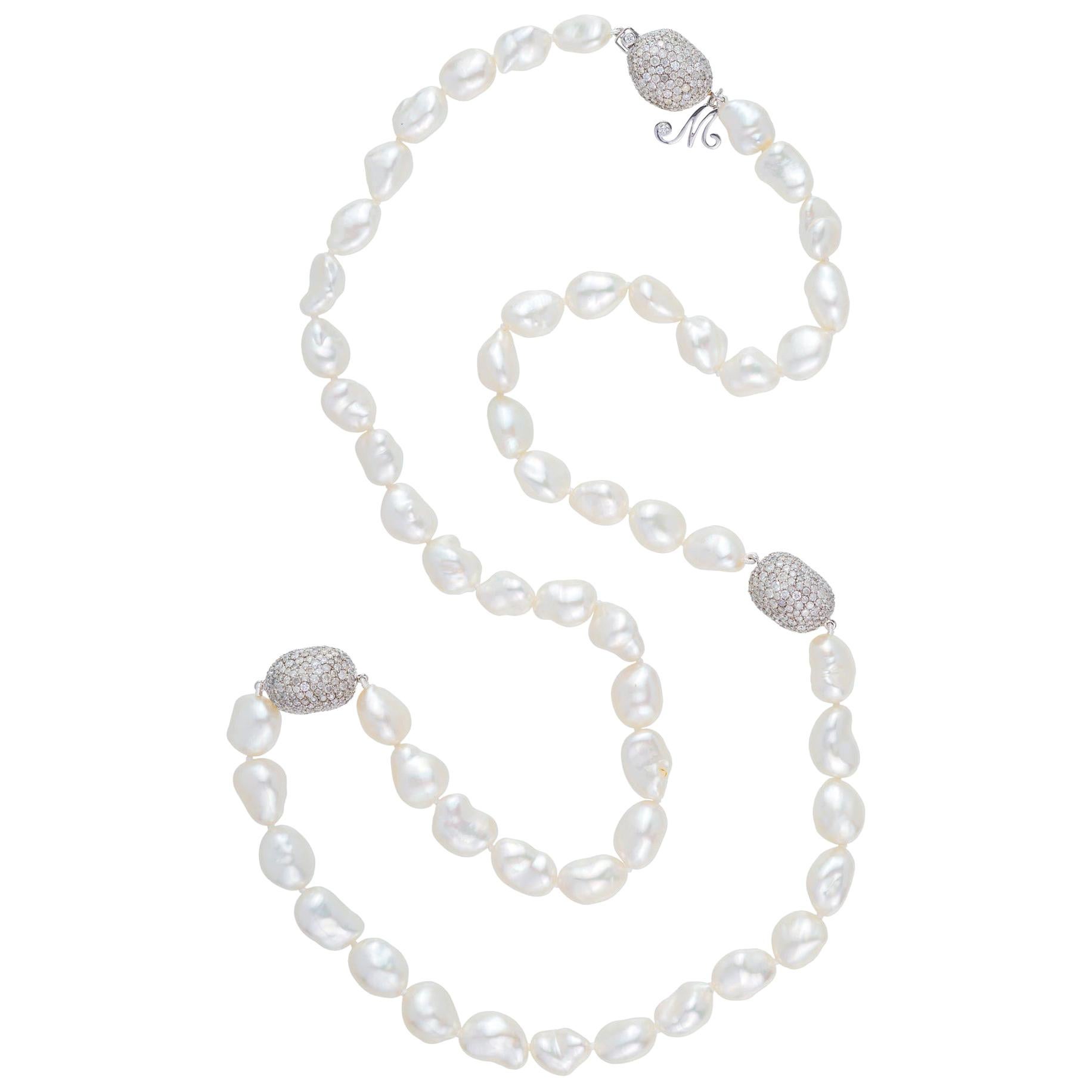 Margot McKinney 18k Gold South Sea Keshi Pearl Necklace, 3 Diamond Set Pebbles For Sale