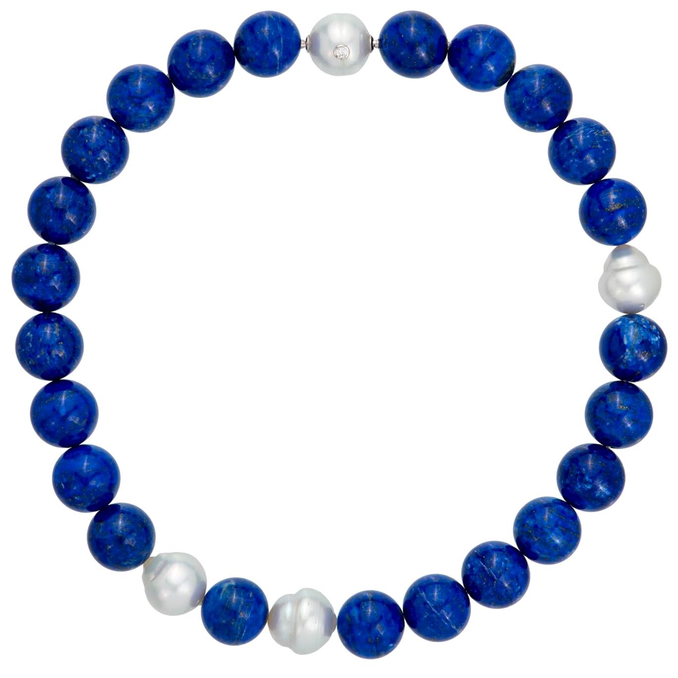 Margot McKinney 18k Gold South Sea Pearl & Lapis Necklet, Diamond in Pearl Clasp For Sale