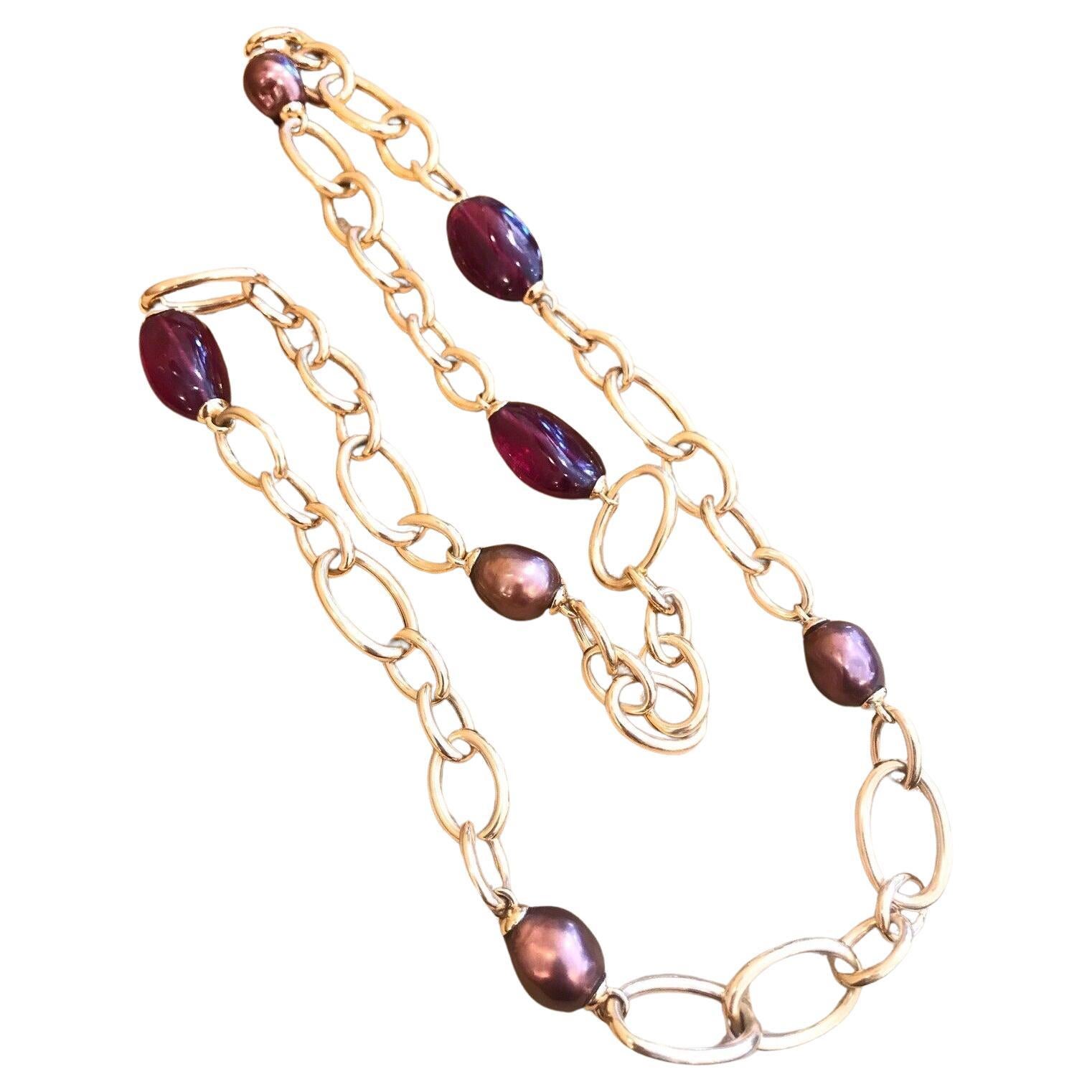 Margot McKinney 18k Rose Gold Link Necklace with Pearls and Rubellites 38" Long For Sale