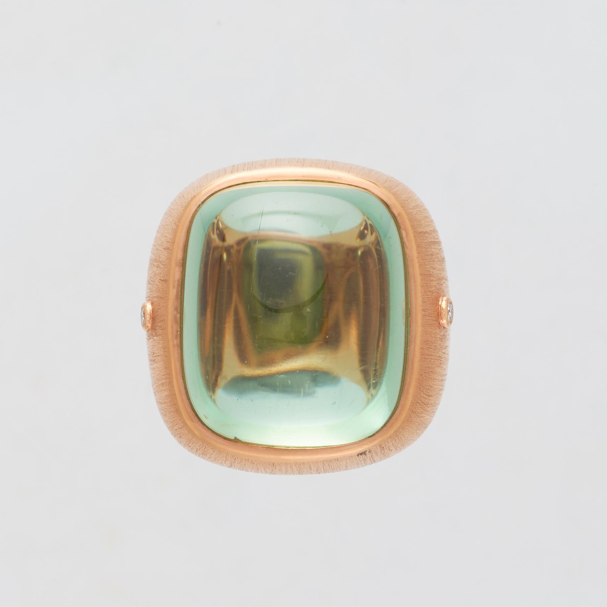 Margot McKinney 18 karat Satin Rose Gold Pale Green Tourmaline 55.81 carat Ring with 2 White Diamonds 0.06 carat.  Size US 6 1/2, UK/AU M 1/2  

