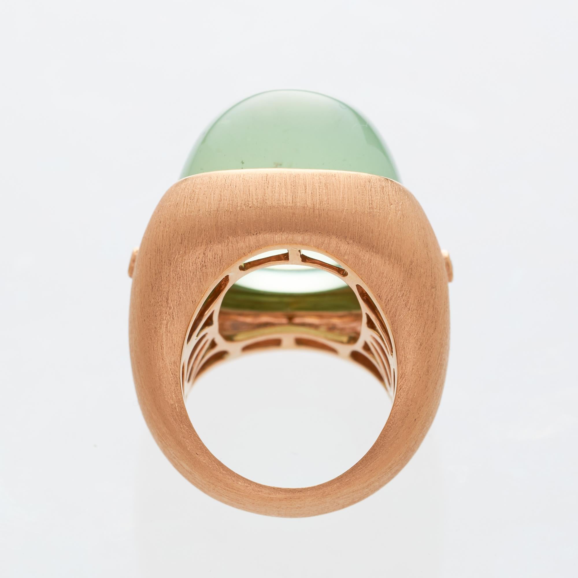 Cabochon Margot McKinney 18K Rose Gold Pale Green Tourmaline 55.81ct Ring with 2 Diamonds For Sale