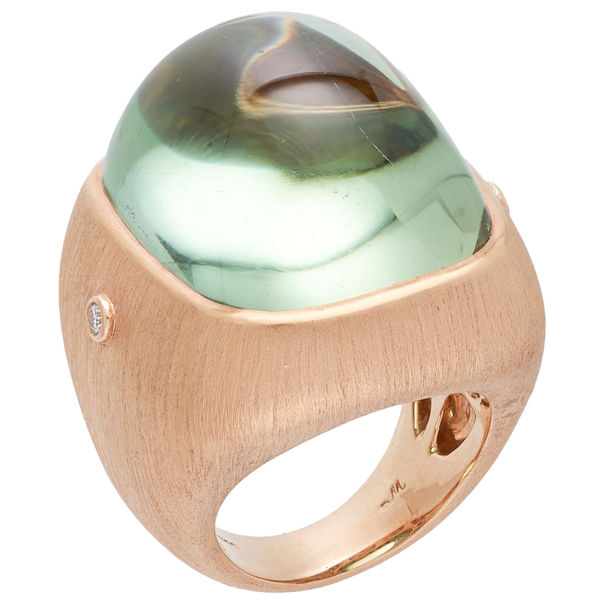 Margot McKinney 18K Rose Gold Pale Green Tourmaline 55.81ct Ring with 2 Diamonds For Sale