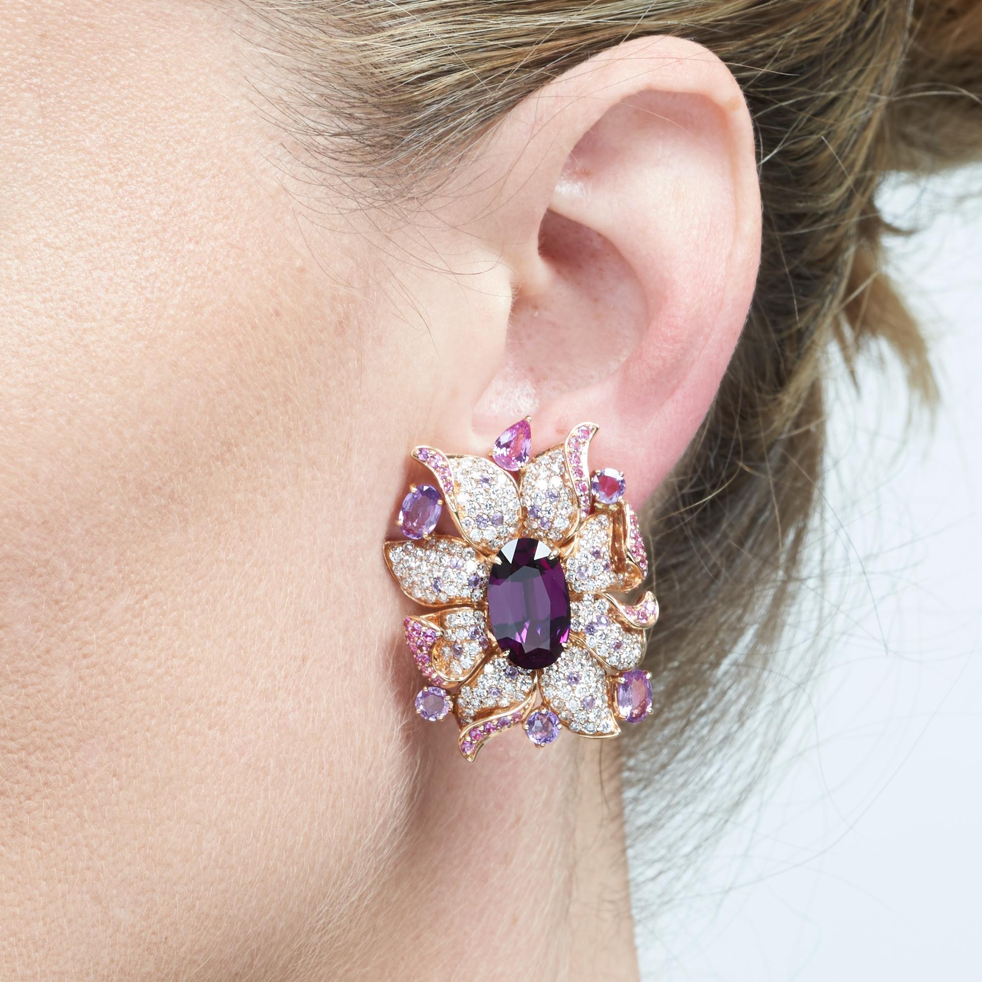 Women's Margot McKinney 18 Karat Gold Umbalite Garnet, White Diamonds, Sapphire Earrings For Sale