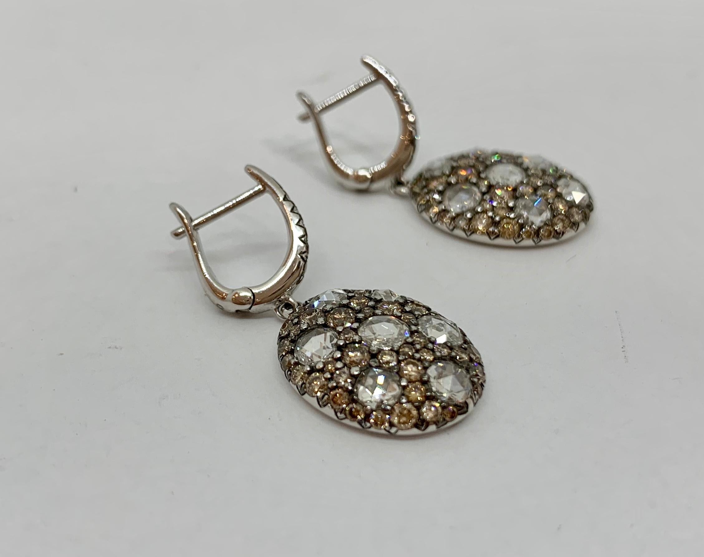 Margot McKinney 18 karat White Gold Earrings set with 2.08 carat Brown Diamonds and 1.84 carat Rose Cut Diamonds
