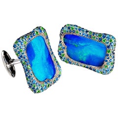 Margot McKinney 18K Gold Opal Cufflinks with Aquamarines, Sapphires, Tsavorite