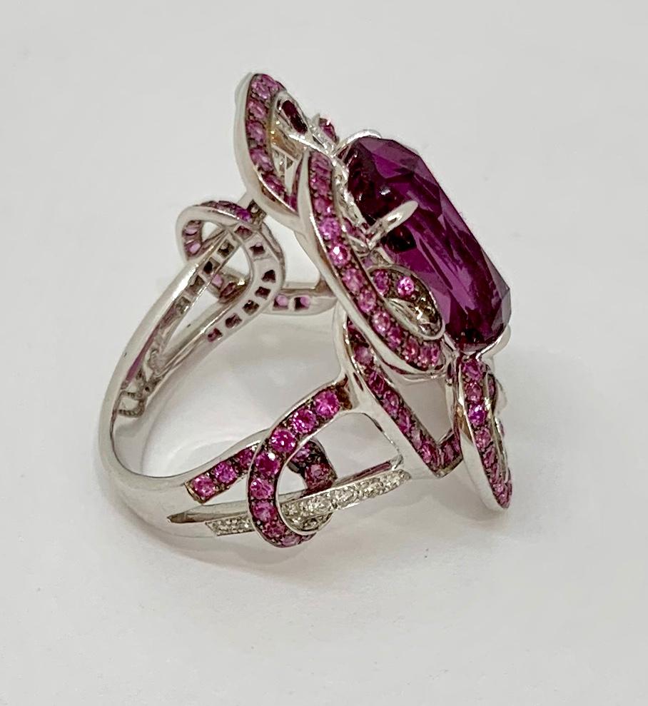 Cushion Cut Margot McKinney 18K Gold 10.40ct Pink Garnet Ring with Diamonds, Pink Sapphires
