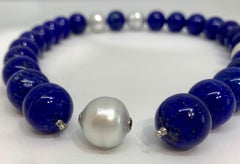 Margot McKinney 18k Gold South Sea Pearl & Lapis Necklet, Diamond in Pearl Clasp