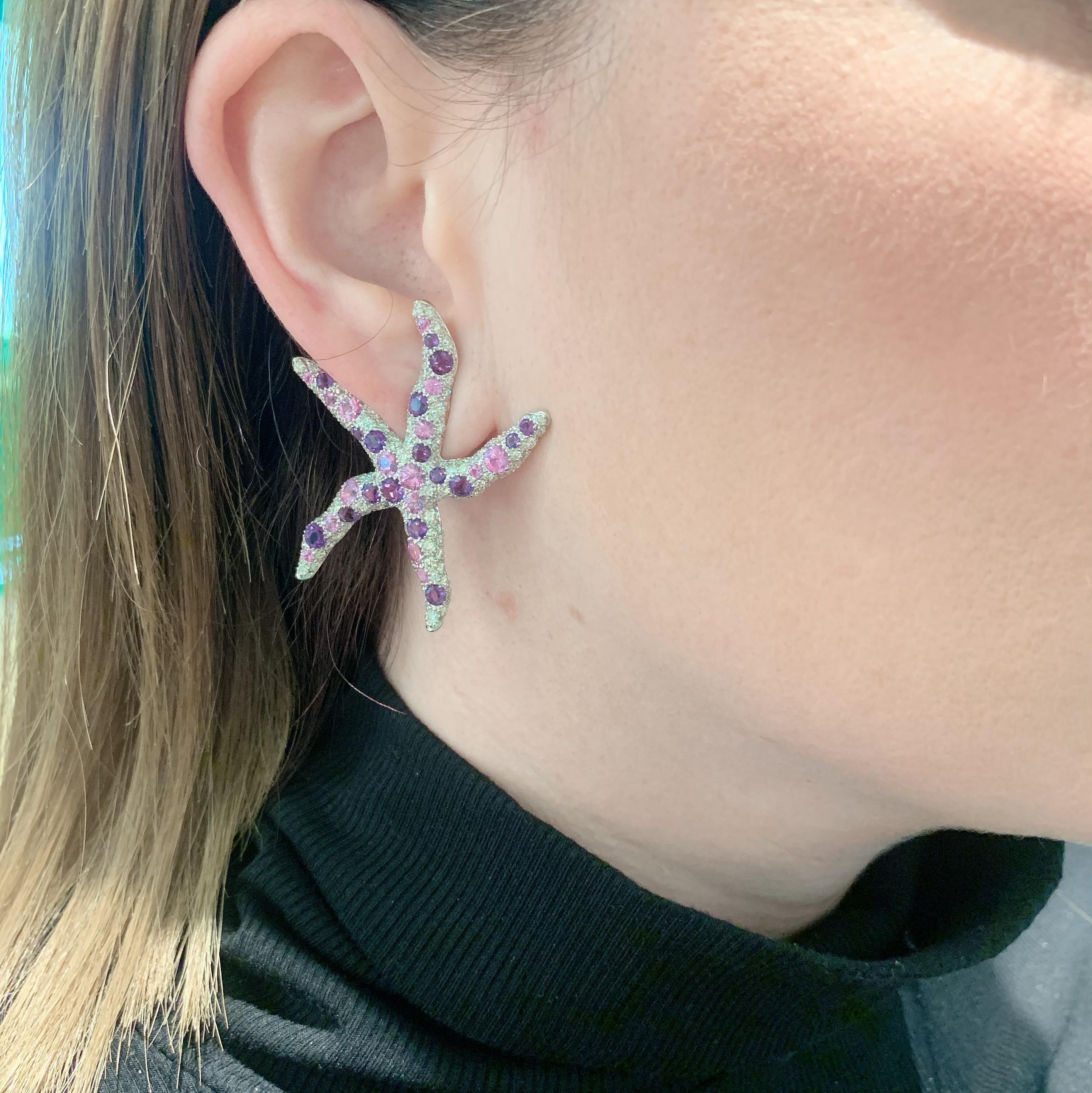 Margot McKinney 18-karat White Gold Starfish Earrings set with 34 Amethysts 3.05ct, 224 White Diamonds 5.25ct and 32 Pink Sapphires 4.25ct - clip suits both pierced and non-pierced ears.  

