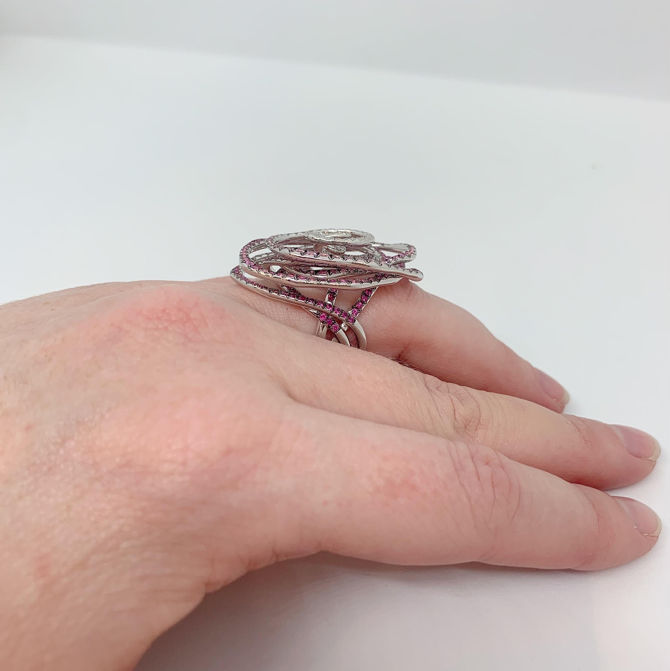 Margot McKinney 18K Gold Swirl Ring Set with White Diamonds and Pink Sapphires Damen
