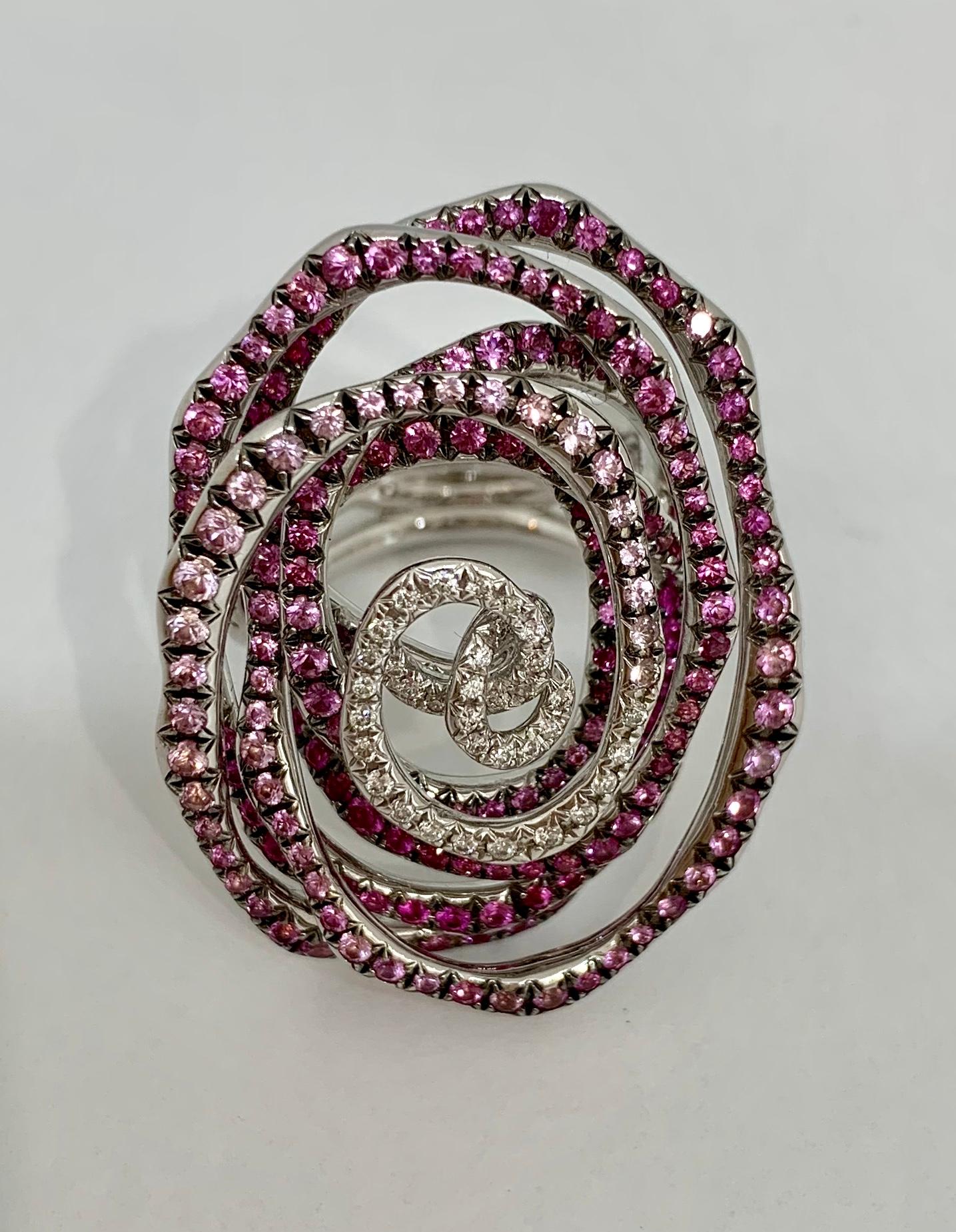 Margot McKinney 18K Gold Swirl Ring Set with White Diamonds and Pink Sapphires 1