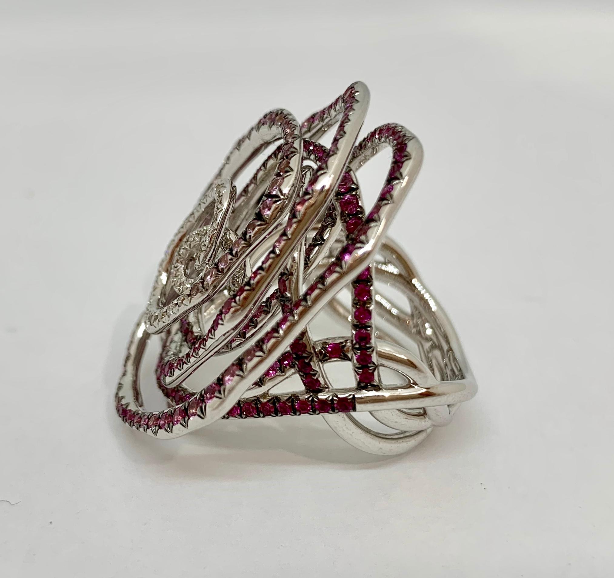 Margot McKinney 18K Gold Swirl Ring Set with White Diamonds and Pink Sapphires 2