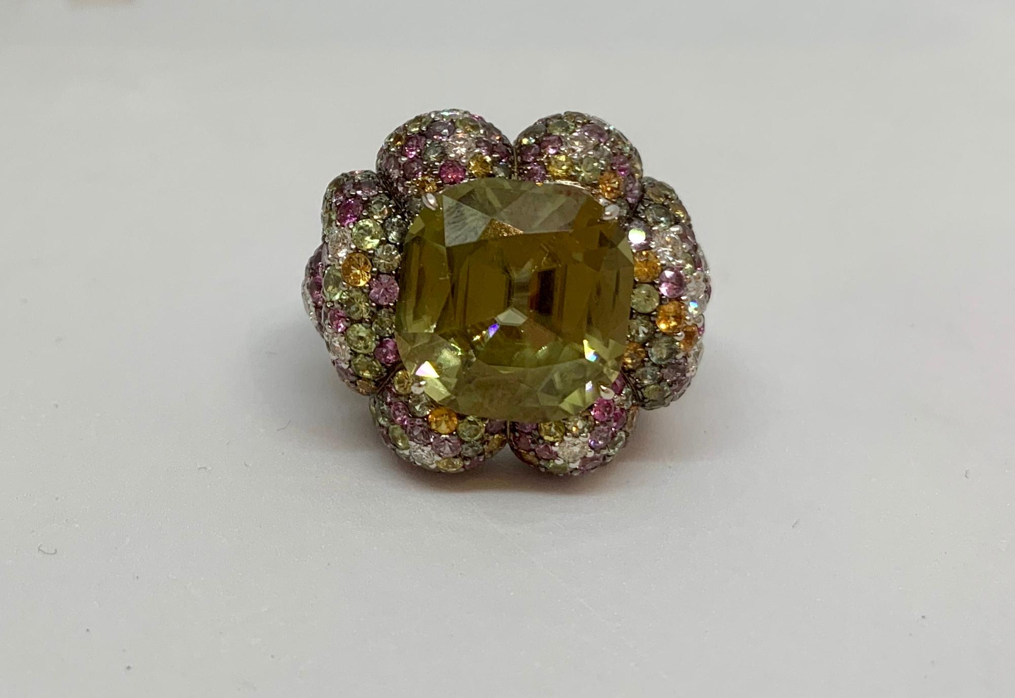 Margot McKinney 18K Gold 15.99ct Zircon Ring with Diamonds, Peridots, Sapphires In New Condition In Brisbane AU , Queensland