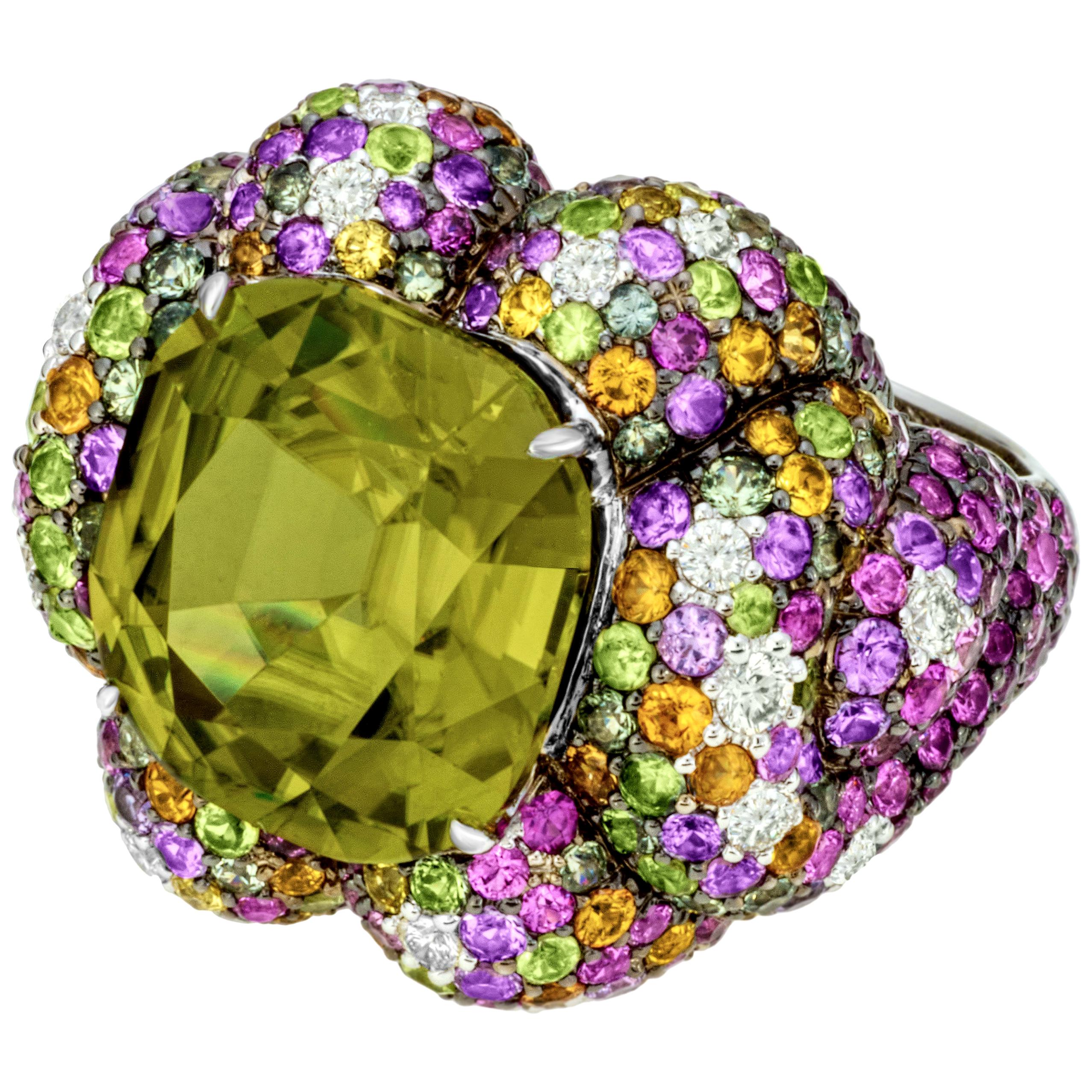 Margot McKinney 18K Gold 15.99ct Zircon Ring with Diamonds, Peridots, Sapphires