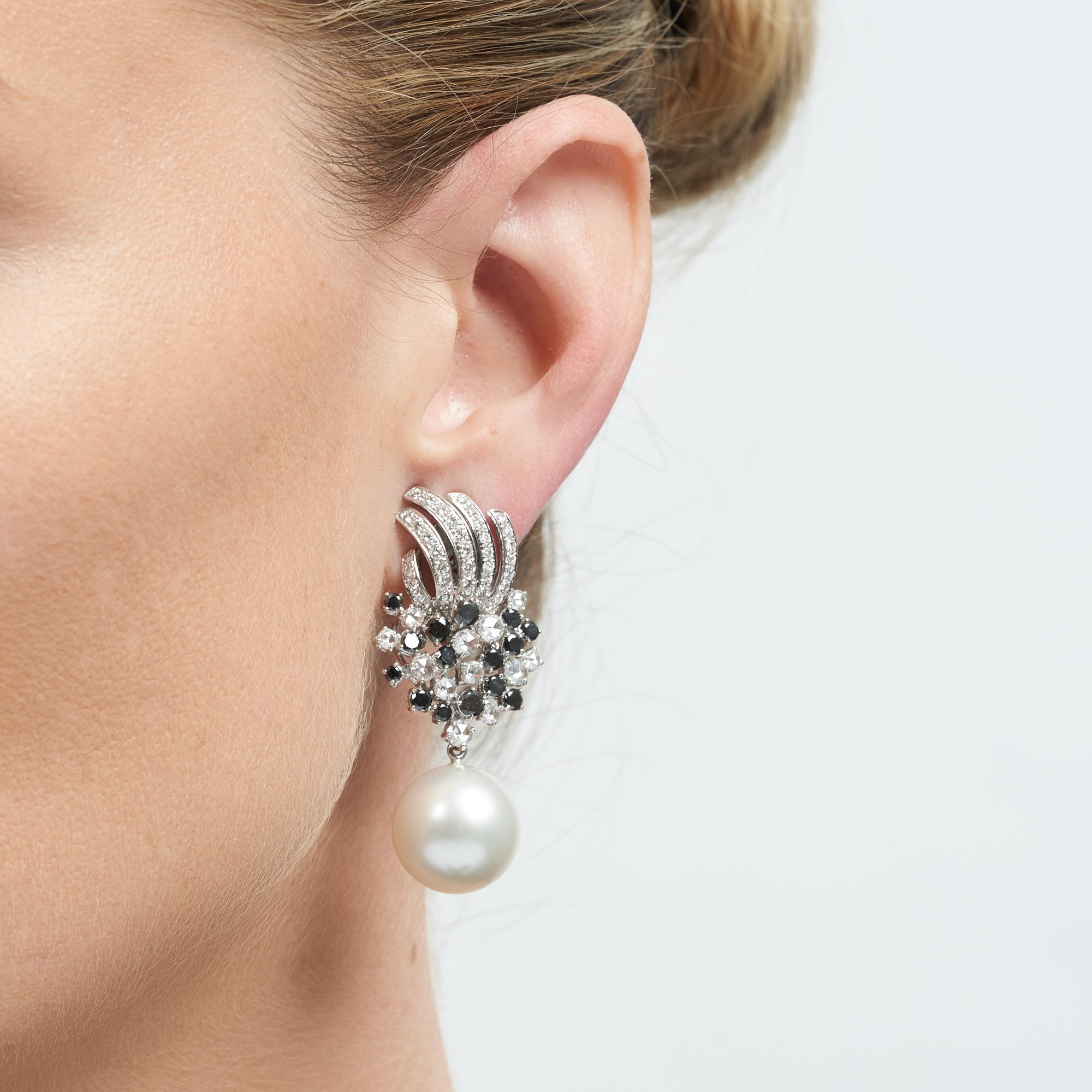 Margot McKinney 18 Karat Gold Earrings with White/Black Diamonds, Pearl Drops 1