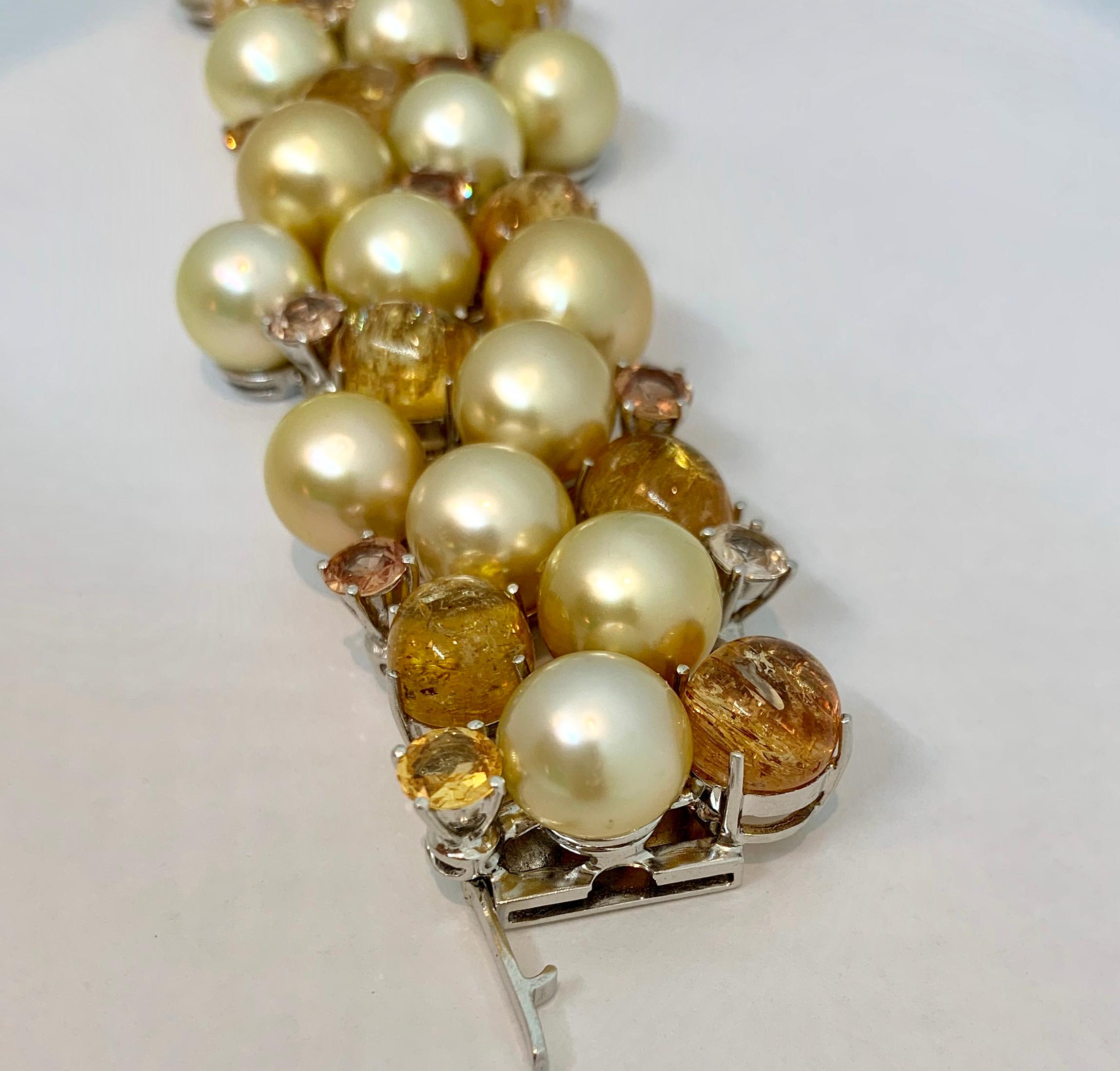 Cabochon Margot McKinney 18 Karat Gold Bracelet Golden Pearls, Yellow Topaz and Sapphire For Sale