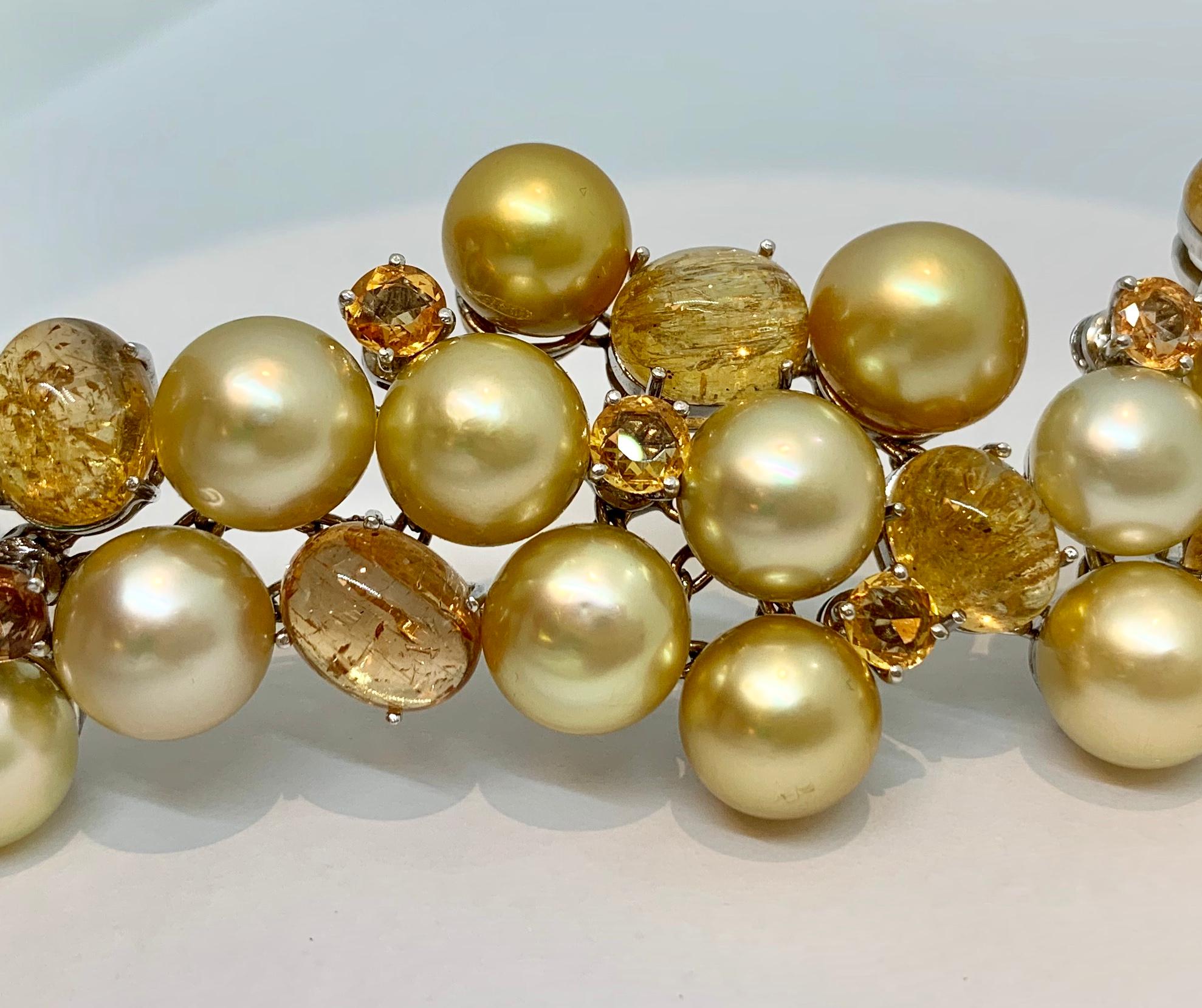 Margot McKinney 18 Karat Gold Bracelet Golden Pearls, Yellow Topaz and Sapphire For Sale 2