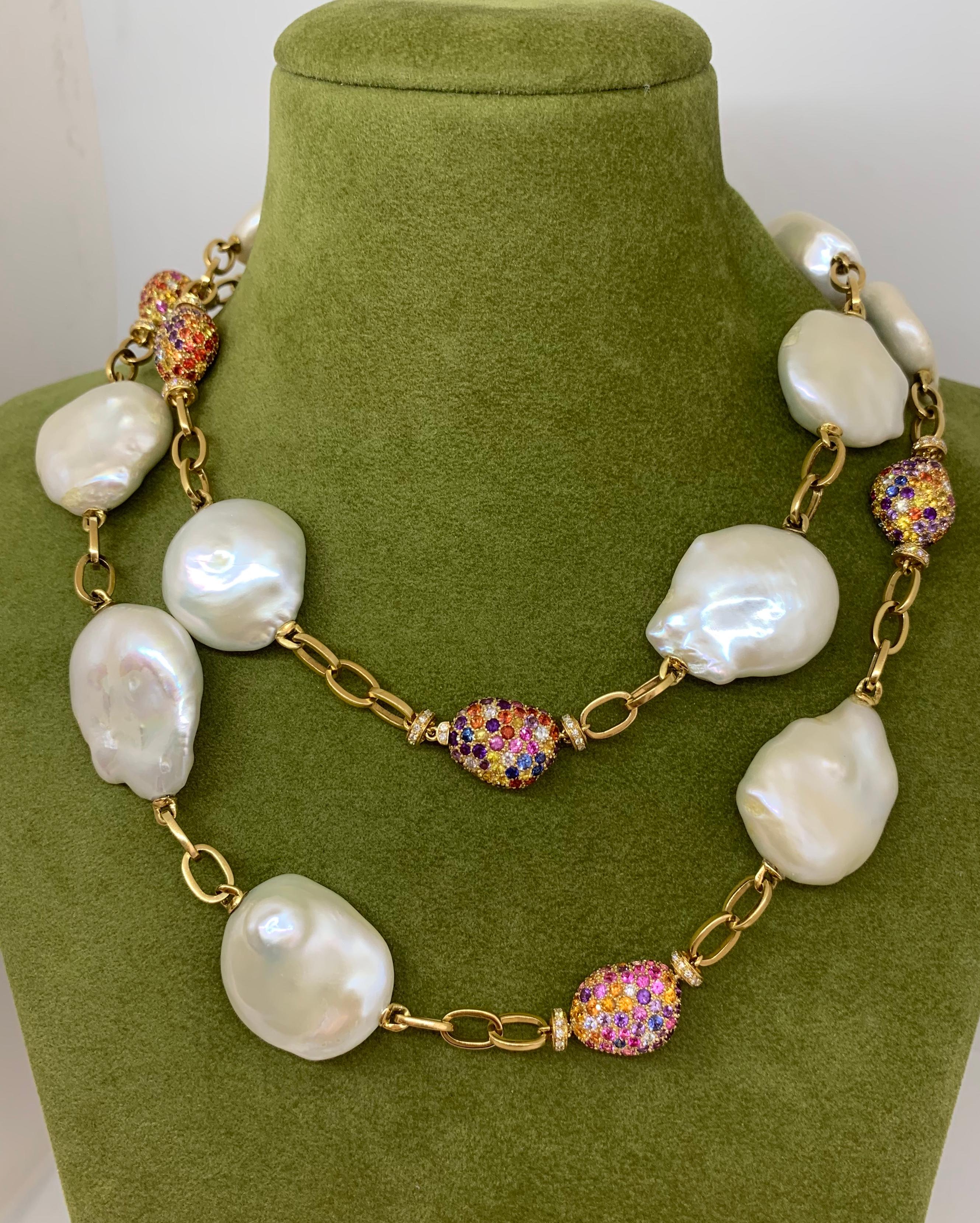 Margot McKinney 18K Gold Necklace of Baroque Pearls/Diamonds/Sapphires/Amethyst 3