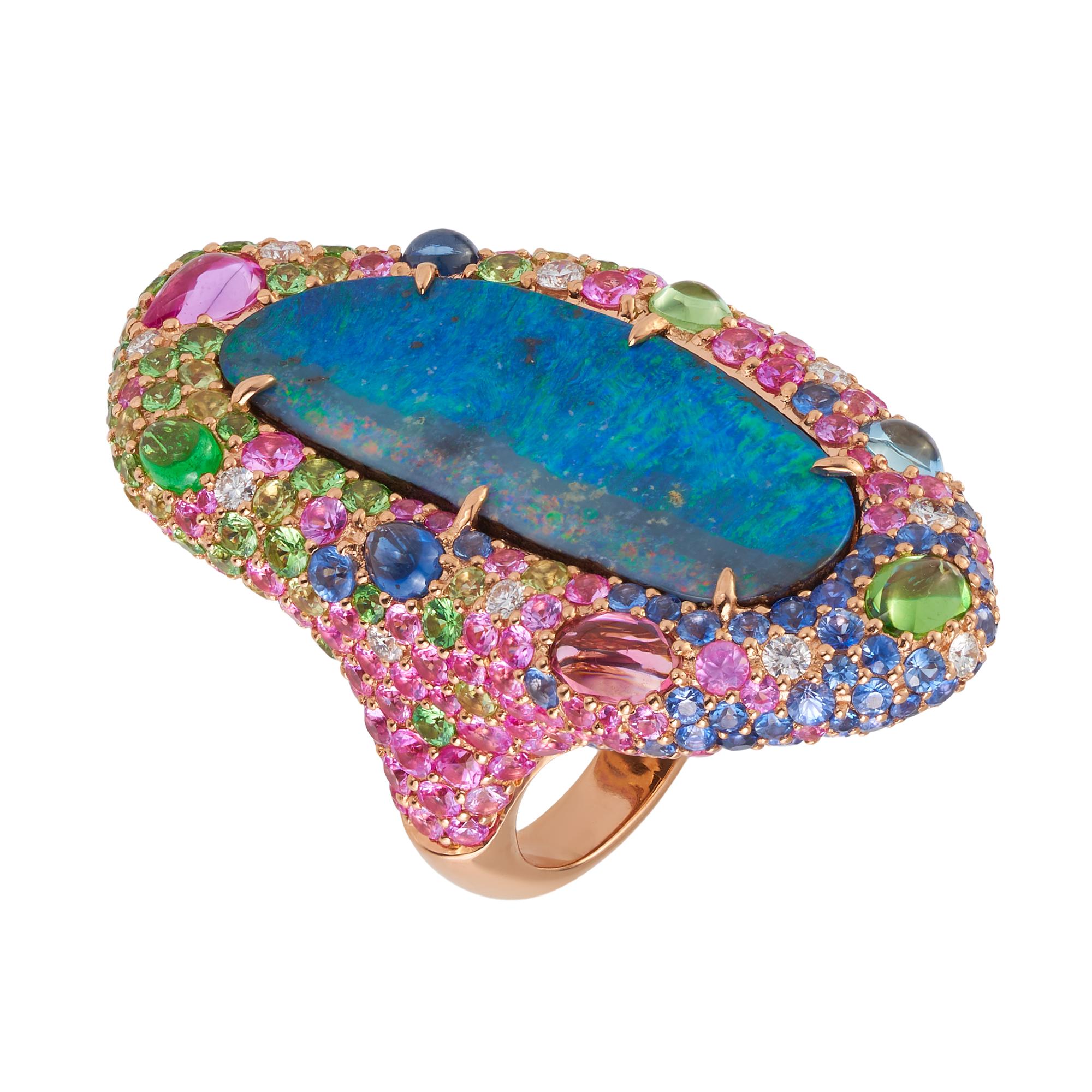 18 karat Rose Gold Opal Ring, featuring a 14.47ct Natural Queensland Boulder Opal, surrounded by diamonds 0.33ct, sapphires 2.25cts, pink sapphires 5.14cts, tsavorites  2.89cts, aquamarine 0.25ct, peridots 1.03cts and pink tourmaline 0.36ct.