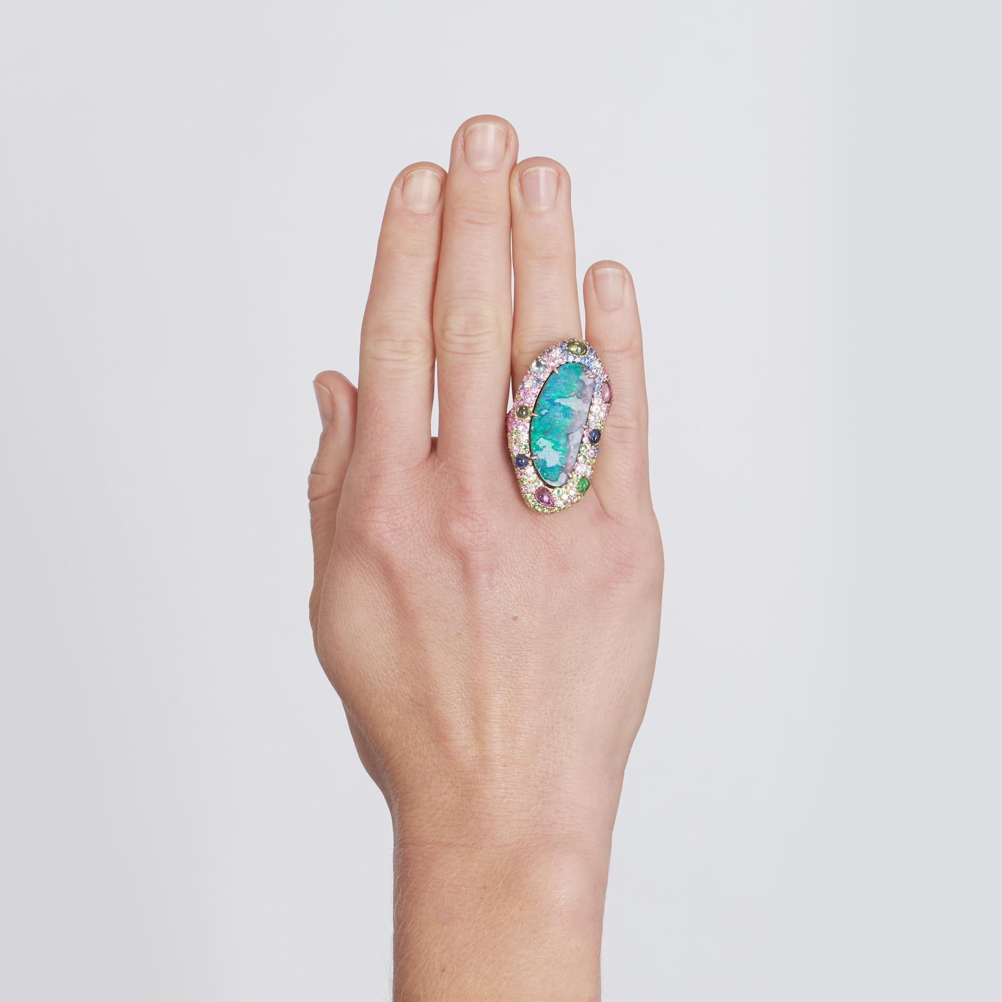 Margot McKinney 18kt Pink Gold Ring with Opal, Pink Sapphire, Tsavorite, Peridot In New Condition In Brisbane AU , Queensland