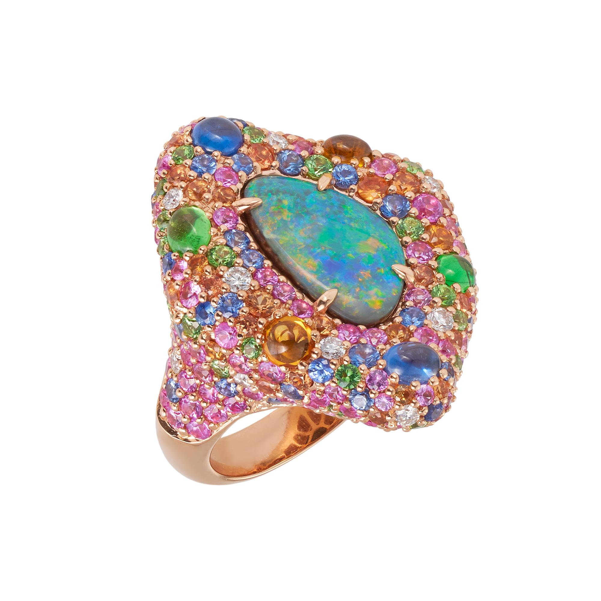 18 karat Rose Gold Opal Ring, featuring a 4.04cts Solid Natural Queensland Boulder Opal surrounded by diamonds 0.31ct, sapphires 1.76cts, pink sapphires 2.65cts, orange sapphires 1.48cts and tsavorites 1.05cts.
