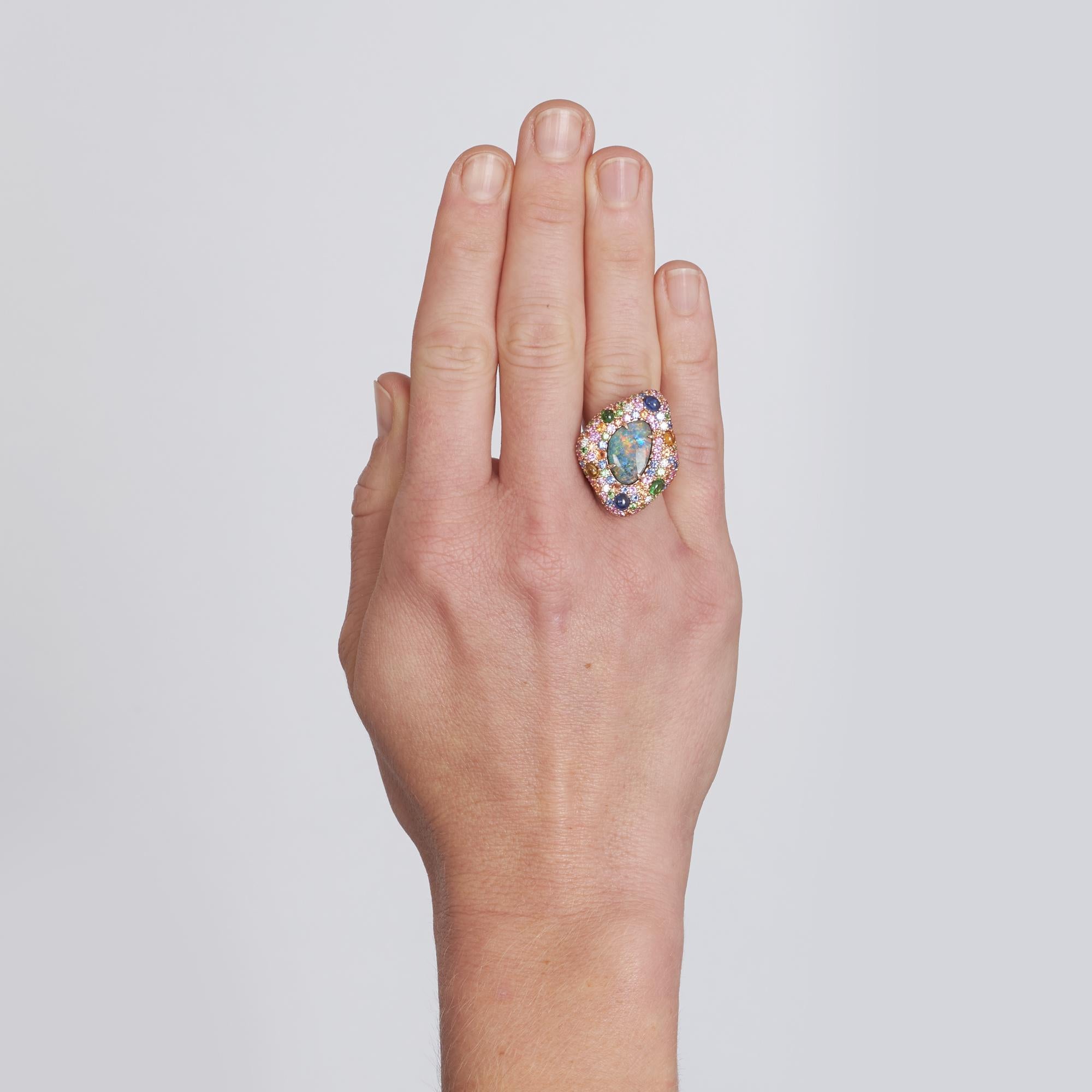 Margot McKinney 18 Karat Rose Gold Ring with Opal, Pink Sapphire, and Tsavorite 1