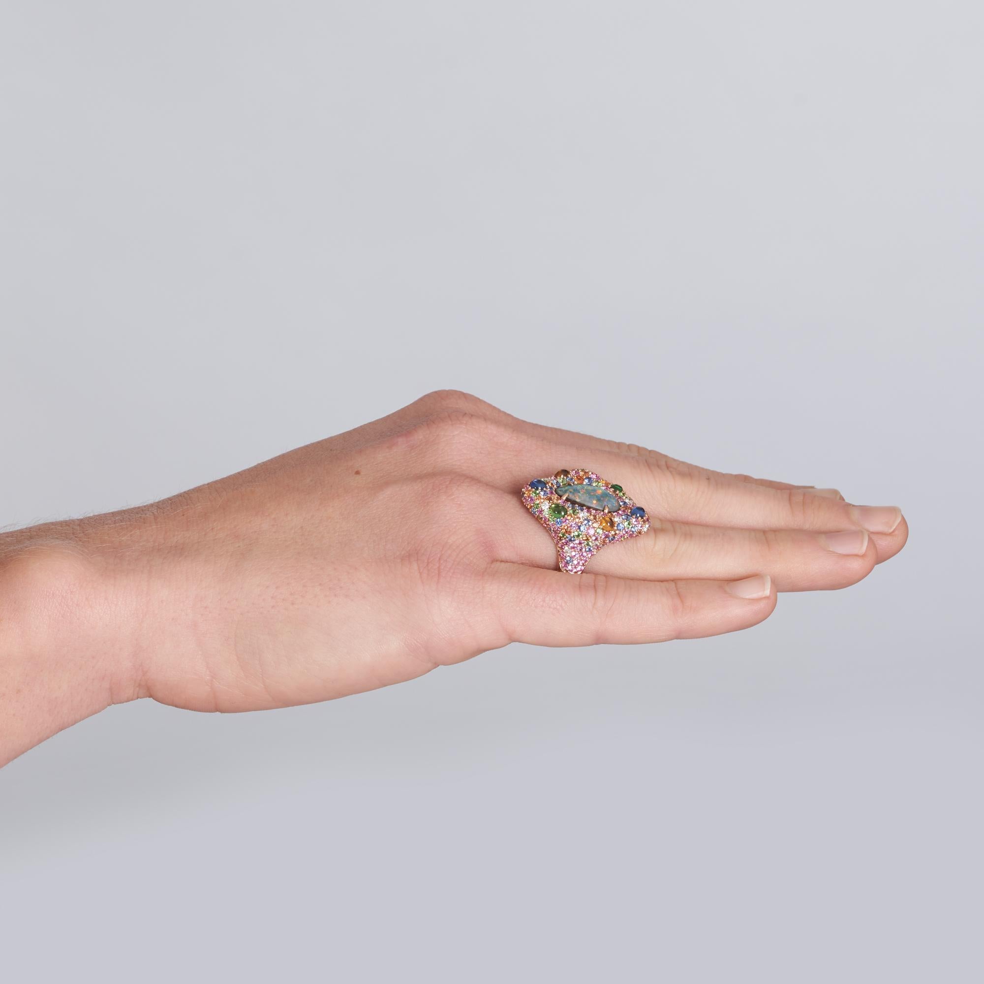 Margot McKinney 18 Karat Rose Gold Ring with Opal, Pink Sapphire, and Tsavorite 2