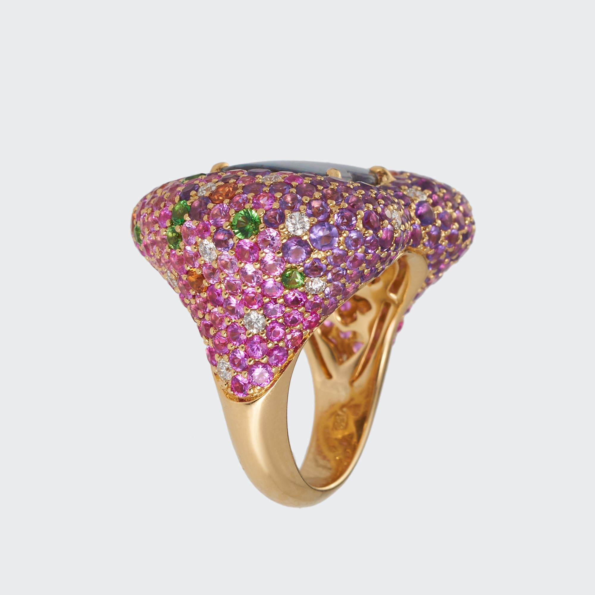 Margot McKinney 18karat Yellow Gold Opal Ring, featuring a 6.01ct heart shape Natural Queensland Boulder Opal, surrounded by diamonds 0.50ct, pink sapphires 4.19cts, orange sapphires 0.51ct, tsavorites 0.63ct and amethysts 2.88ct.