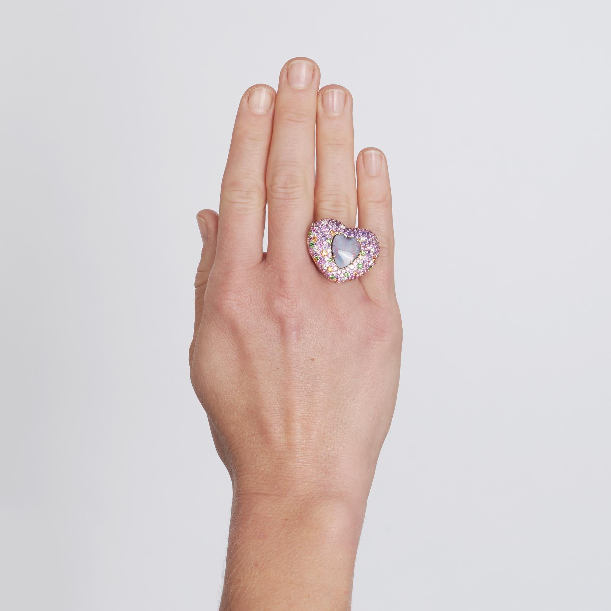 Heart Cut Margot McKinney 18 Karat Gold Ring with Opal, Diamond, Amethyst and Sapphire